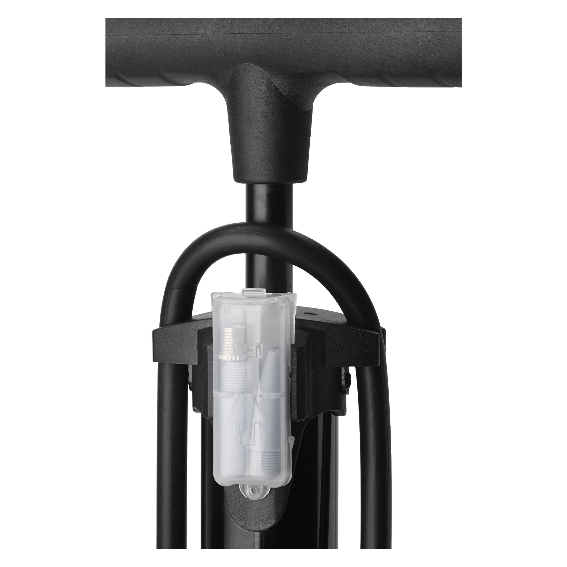 Et nærbilde av håndtaket til Kayoba Bike Pump viser en gjennomsiktig tilbehørsbeholder montert rett under styret, med en synlig dyse og flere små komponenter inni.