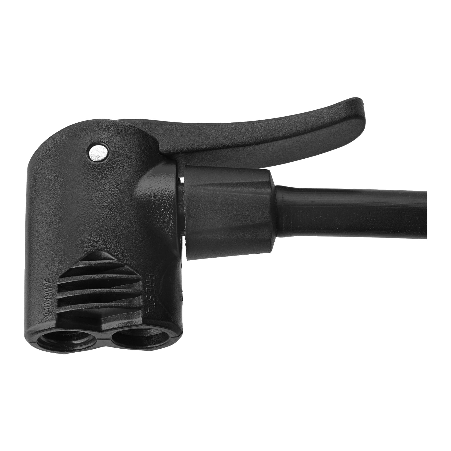 Närbild av Kayoba Bike-pumpens svarta huvud, som visar två öppningar markerade för Schrader- och Presta-ventiler, en spak på toppen och en slang fäst vid sidan. Pumpen är lämplig för att pumpa cykeldäck med olika ventiltyper.