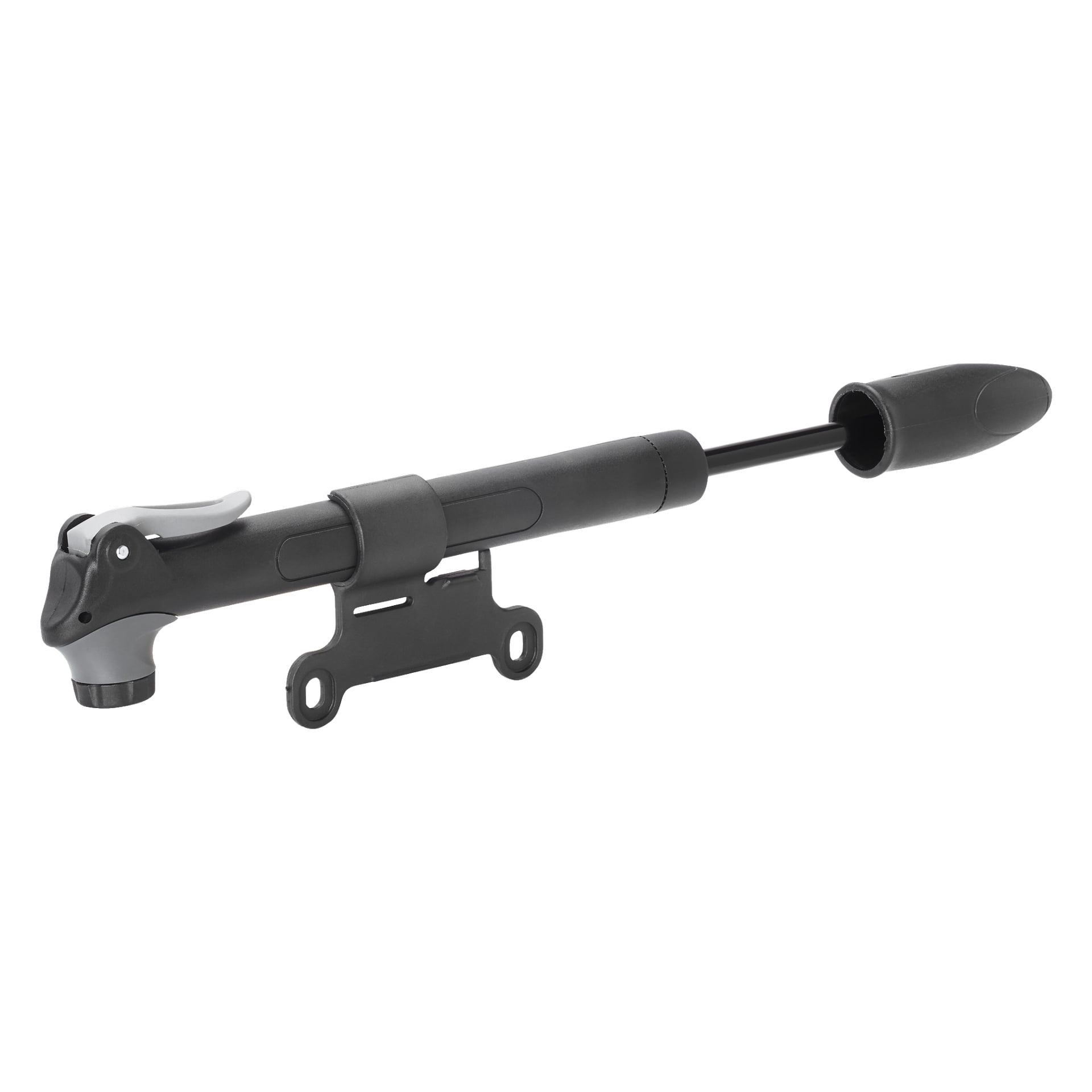 Kayoba Bike Pump är en kompakt, svart och grå cykelpump med ett skyddande lock som täcker munstycket och ett inbyggt monteringsfäste fäst på sidan.