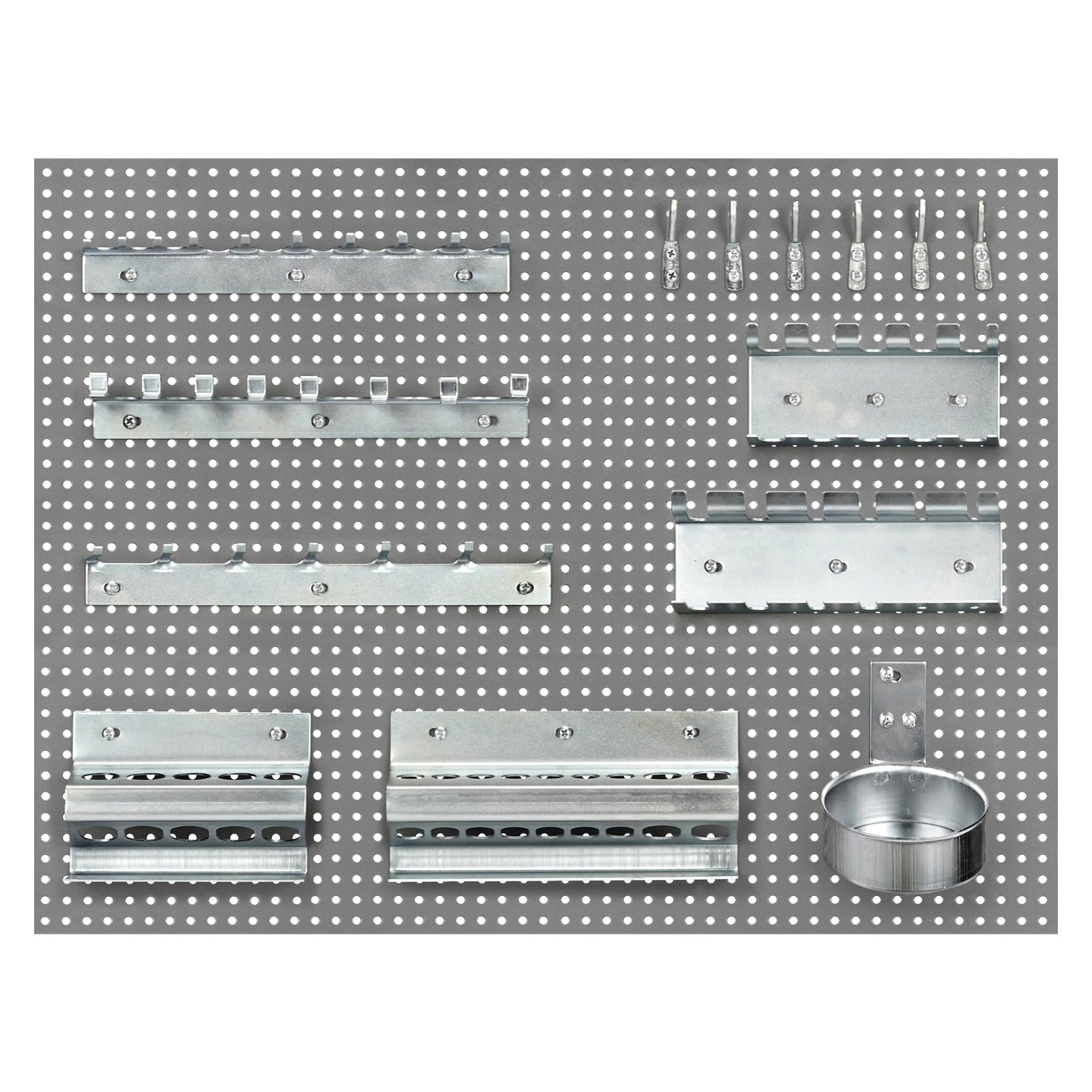 Ett urval av Hard Head-verktygshållare – såsom metallkrokar, ställ och en mugghållare – är arrangerade i prydliga rader på en perforerad grå pegboard. De är gjorda för att hålla verktyg eller tillbehör organiserade i ett garage eller verkstad.