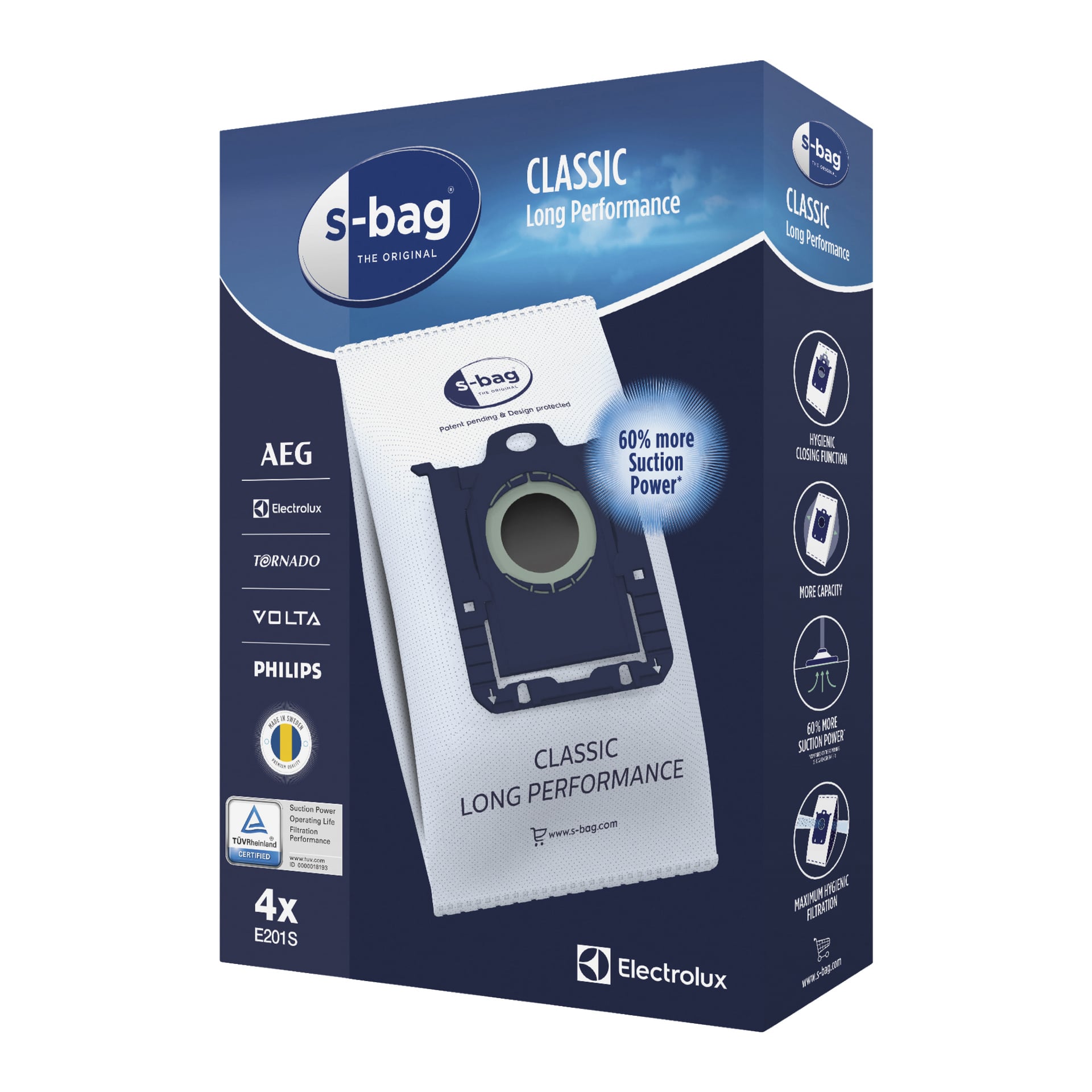 Niebieskie pudełko zawierające 4-pak worków Electrolux S-Bag na odkurzacz. Opakowanie zawiera zbliżenie jednej torby i podkreśla zalety, takie jak 60% zwiększona siła ssania. Wskazuje na kompatybilność z odkurzaczami AEG, Tornado, Volta i Philips.