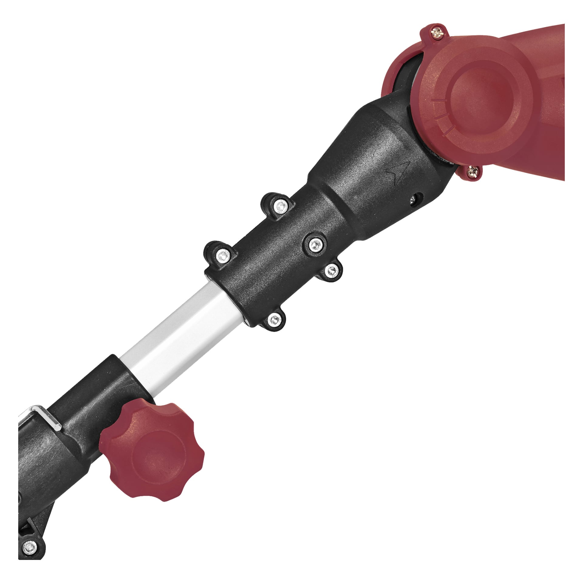 Lähikuva Meec Tools Electricin oksasahan mustan ja hopean sävyisestä säädettävästä liitosmekanismista, jossa on useita ruuveja ja selkeä punainen pyöreä kahva.
