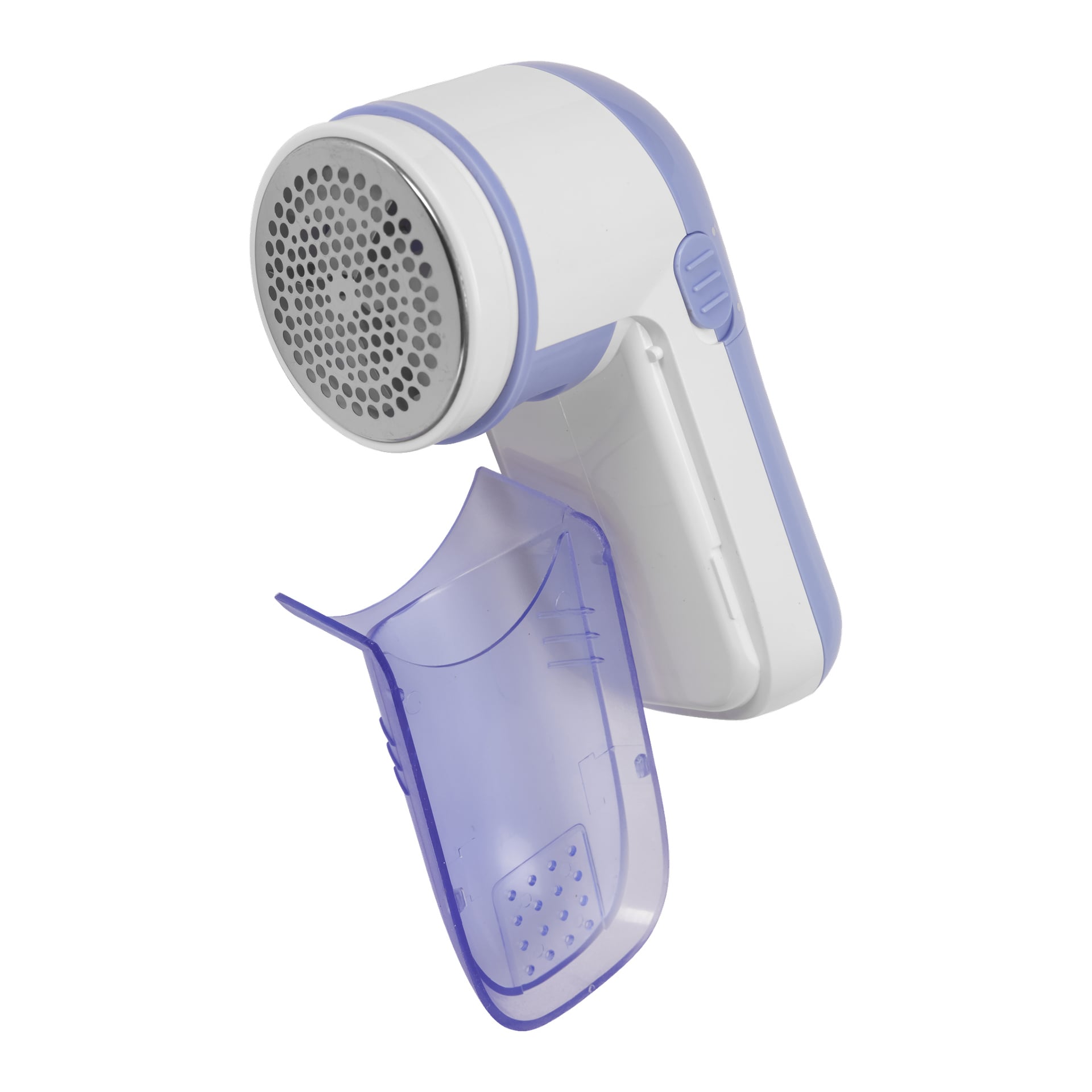 Menuett Fabric Shaver, vist i hvitt og lys lilla, har lobeholderen åpen for å vise frem metallbarberhodet og det gjennomsiktige plastrommet for å samle stoffpiller.