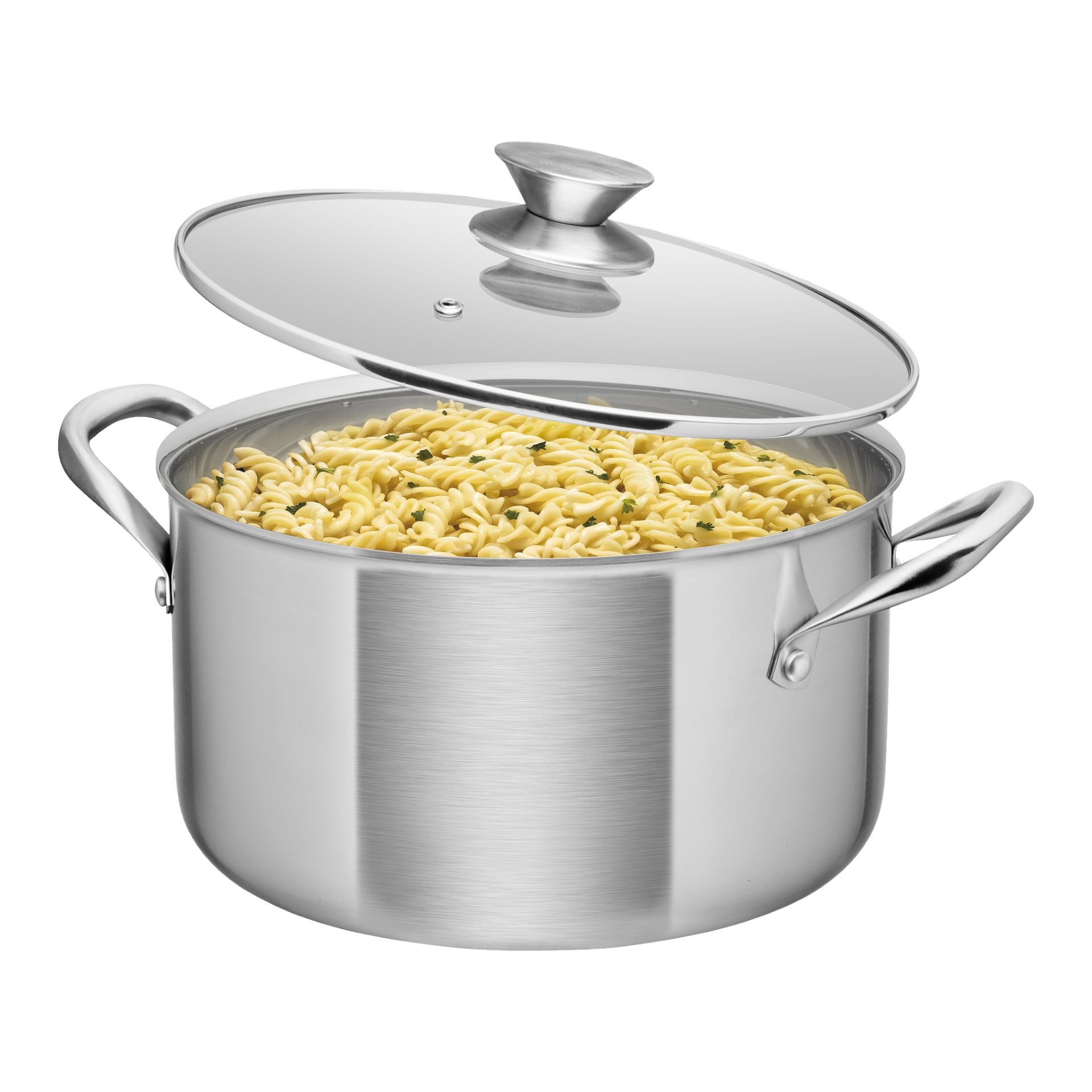 En dubbelhandtagen Menuett-gryta med delvis öppet glaslock fylls med kokt rotinipasta och garneras med färska gröna örter.