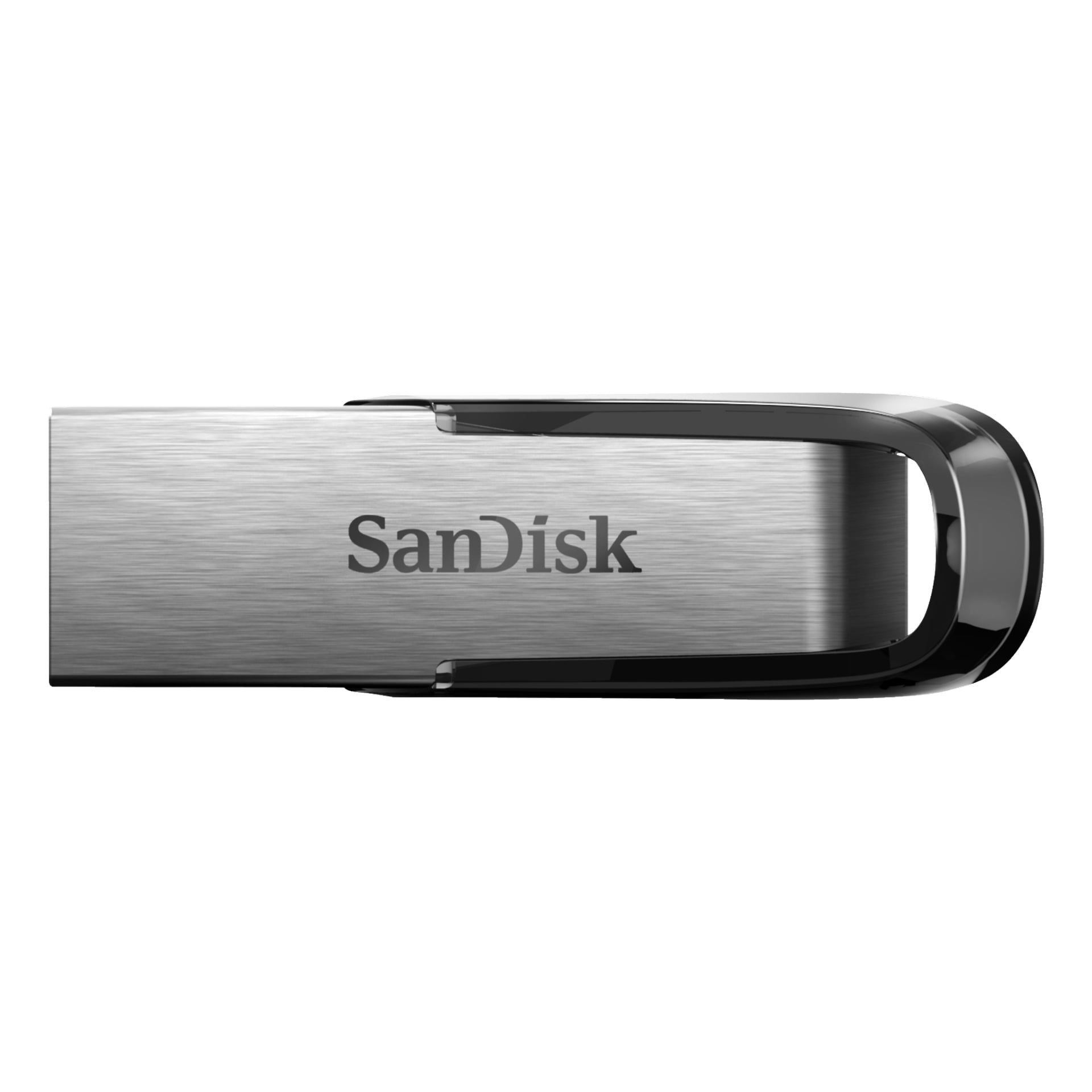 Zbliżenie pendrive'a SanDisk Ultra Flair USB z metalowym wzorem szczotkowanym, z czarnym logo SanDisk z przodu i pętlą breloka po prawej stronie.