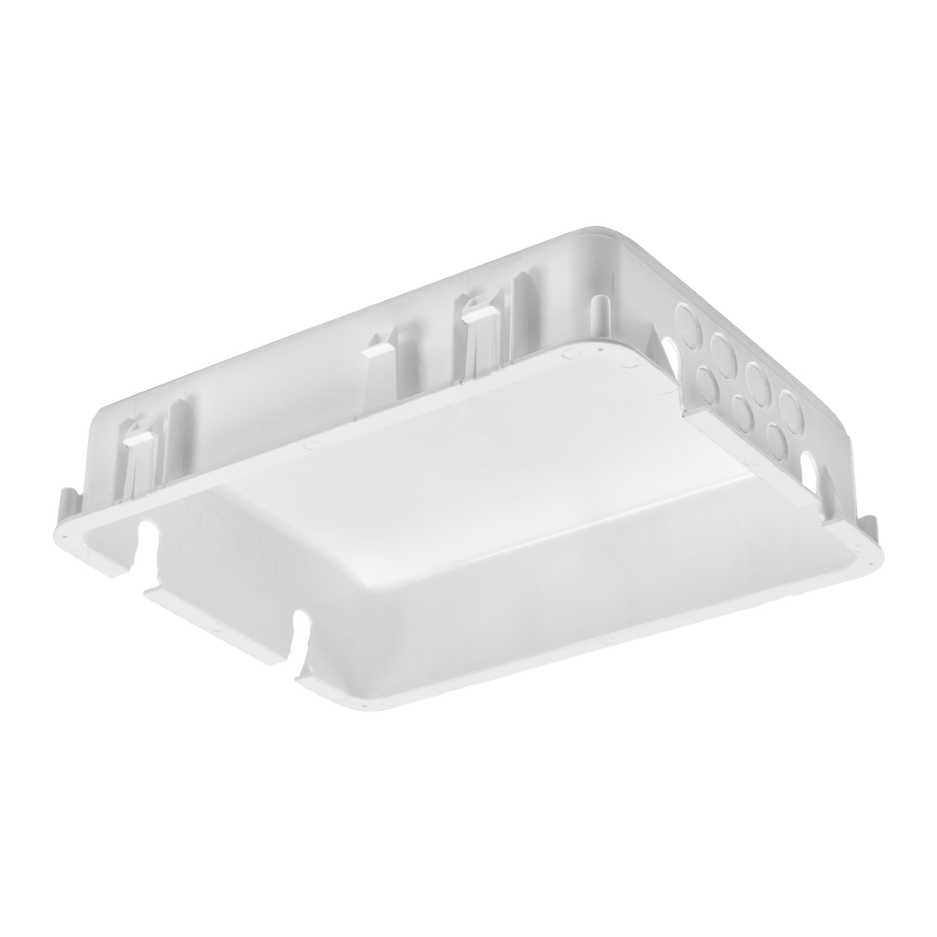 En vit plastmonterad Ventura-låda med rektangulär form, rundade hörn, flera utskärningar på sidorna och urtag längs kanterna. Den öppna ytan på lådan är nedåtvänd.