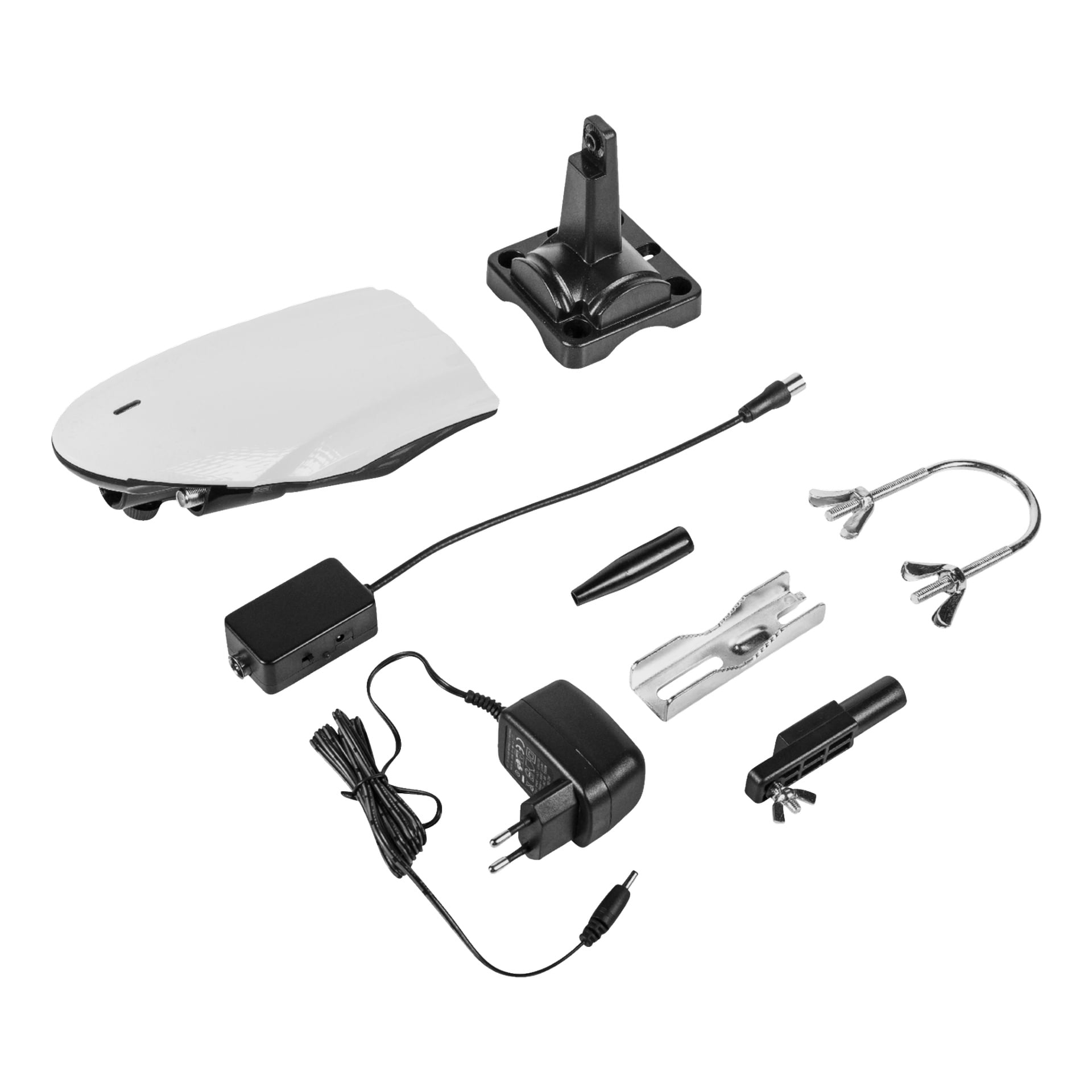 Ett set tillbehör till Nedis Digital Indoor Antenna med en musformad vit antennenhet, en laddningsadapter, olika kablar, ett stativ, metallklämma, plastfäste och ett verktyg med dubbla stycken.