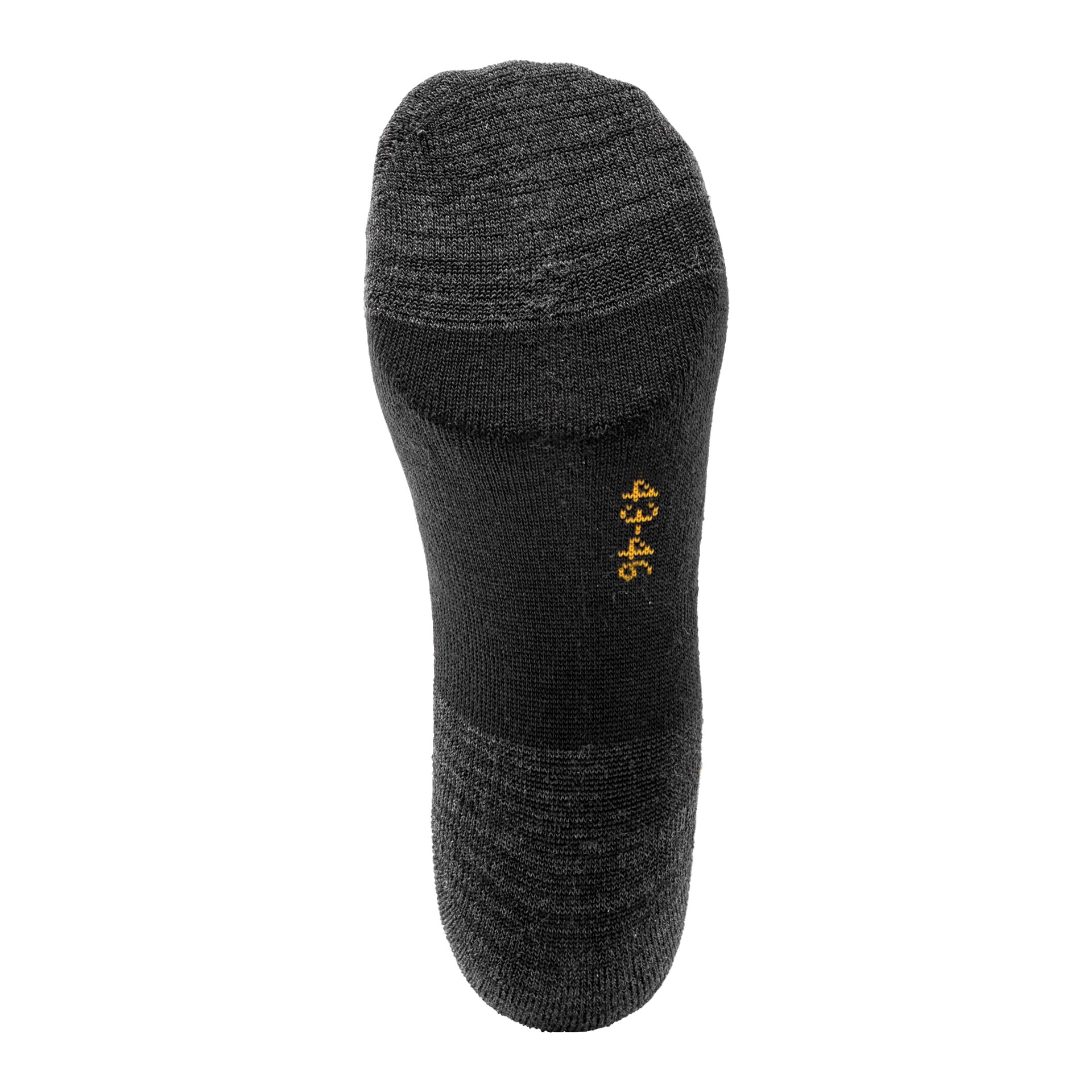 En mörkgrå Caterpillar-fotstrumpa från "Ankle socks 2 pairs"-serien visas med sulan uppåt. Strumpan har en strukturerad stickad stickning, en liten orange-gul broderad detalj nära valvet, en rundad tå och en delvis synlig häl.