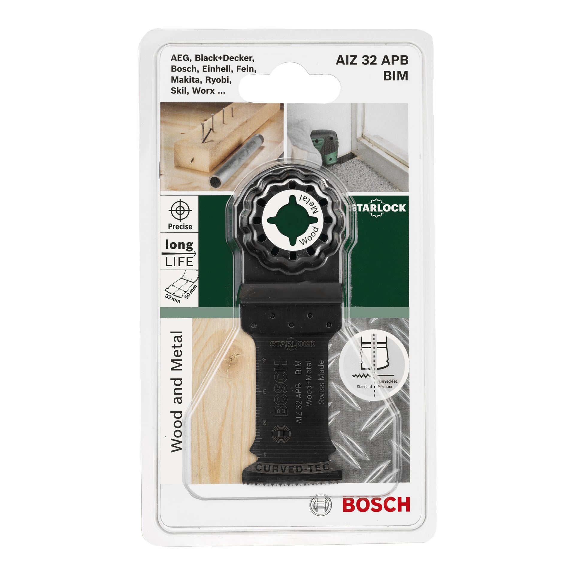 Et Bosch Pro-sagblad AIZ32APB utstilt i sin butikkpakke, merket for både tre- og metallkutting. Emballasjen viser kompatible verktøymerker, brukssymboler og bilder som viser ulike bruksscenarier.
