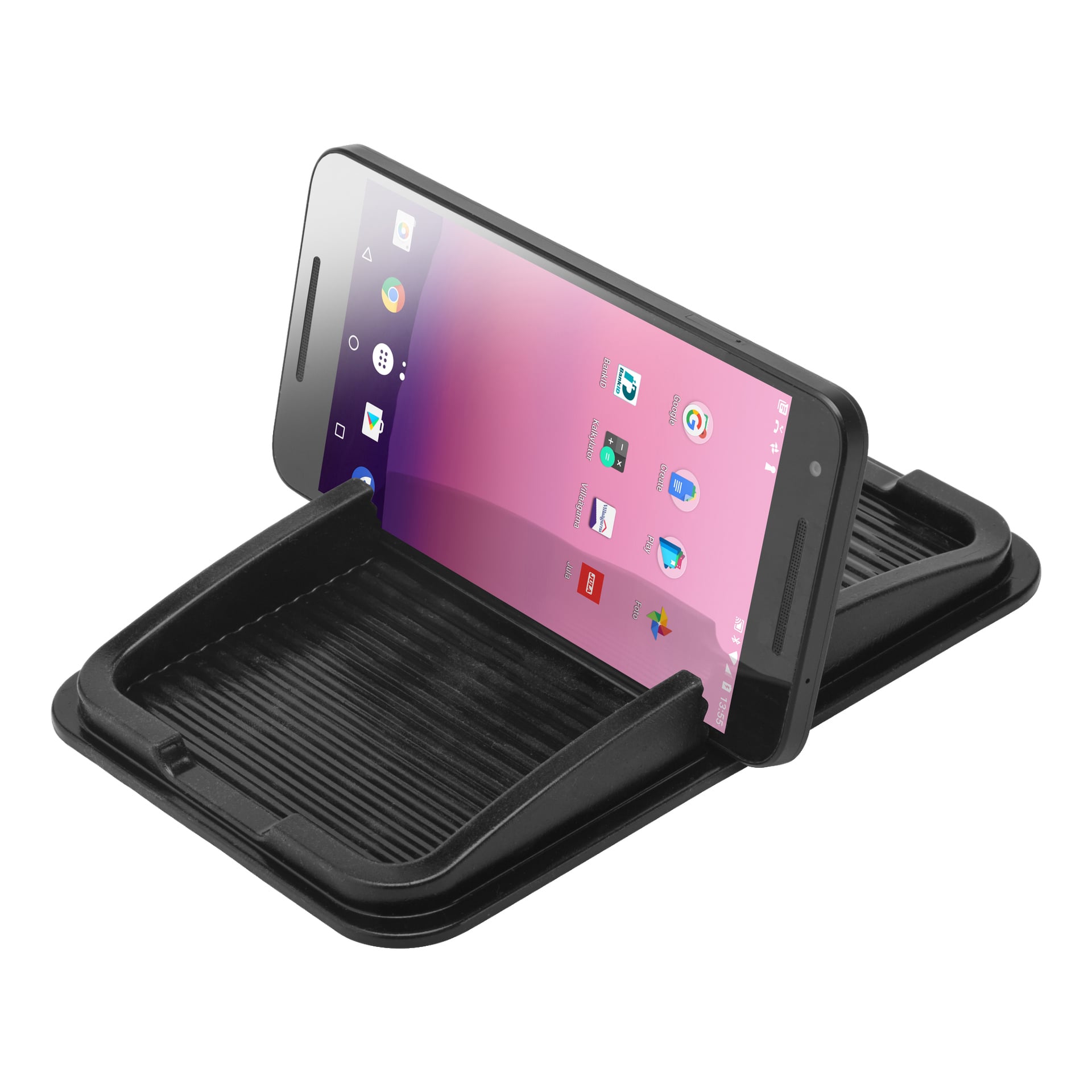 En smartphone sitter säkert i Marquant Universal-hållaren, som har en slank svart, räfflad design och skyddande upphöjda kanter. Enhetens skärm visar olika appikoner på en mjuk rosa gradientbakgrund.