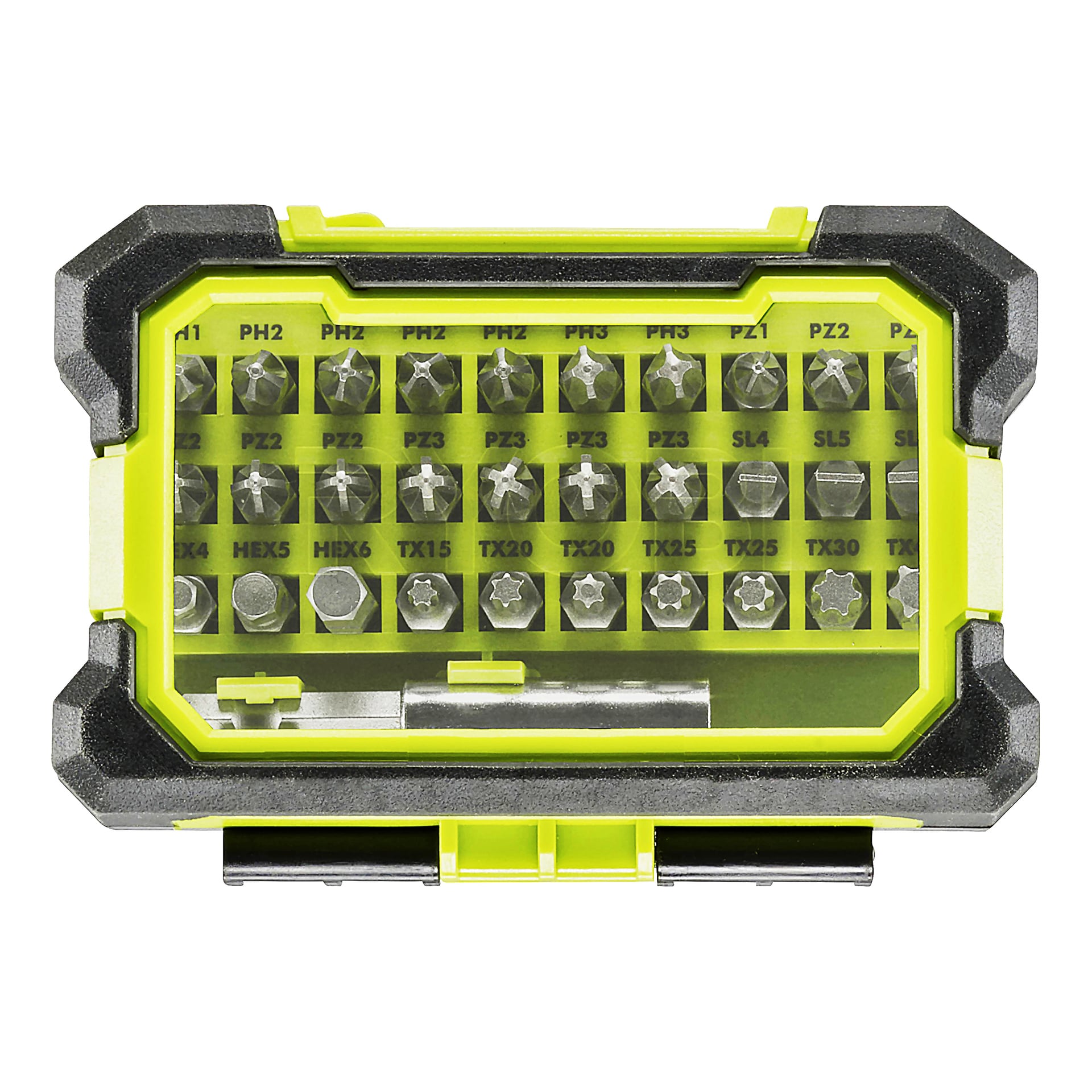 Ryobi 31-delade bitsetet är inrymt i ett plastfodral med gul interiör och svartkantad utsida. Inuti är de 31 metallskruvmejselbitarna prydligt organiserade i fyra rader, med olika typer och storlekar samt synliga etiketter som PH1, PH2, SL4, HEX5 och TX15.