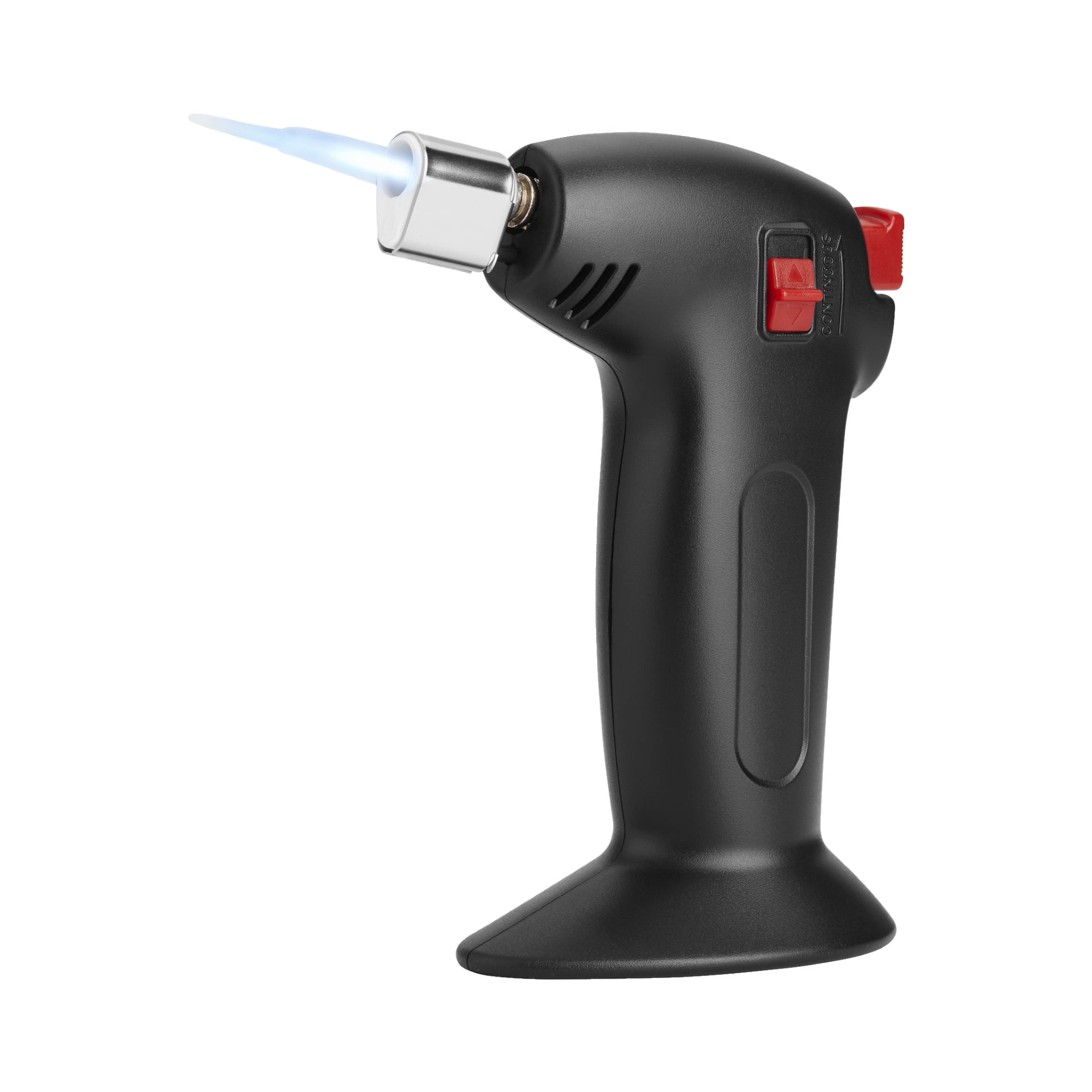 En handhållen svart Menuett Blow Torch släpper ut en blå låga från sitt munstycke. Den har en röd tändningsknapp, ett säkerhetslås och en bred bas för stöd.
