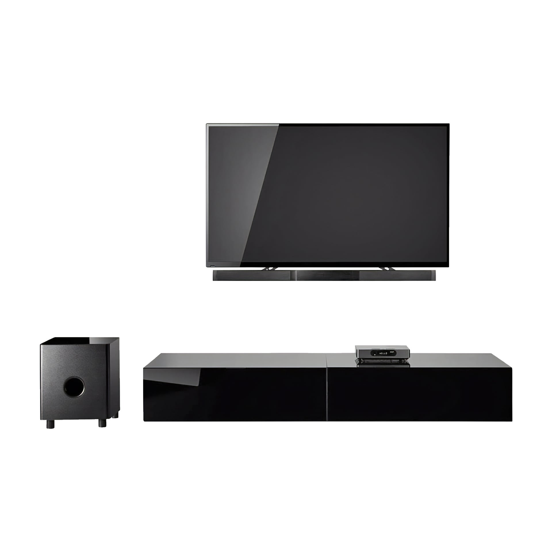 En platt-TV är placerad ovanpå ett elegant svart underhållningsställ, med ett Marquant-soundbarfäste som stöder en kompakt högtalare och en elektronisk enhet. Till vänster om enheten sitter en matchande svart subwoofer.