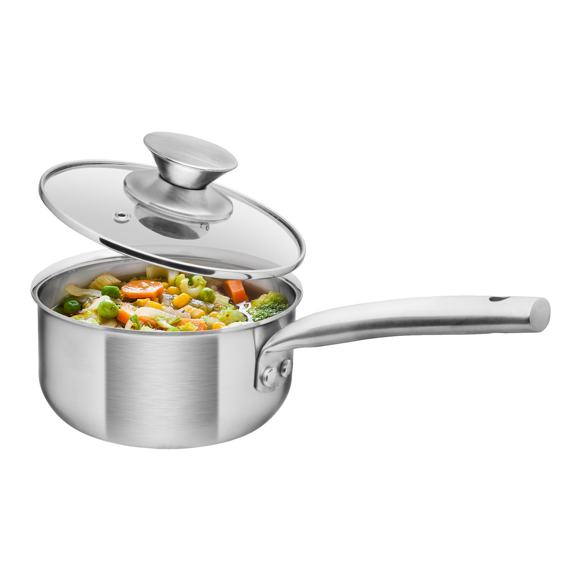 En Menuett-kastrull med ett lätt öppet glaslock rymmer en blandning av kokta grönsaker som morötter, broccoli, majs och ärtor.