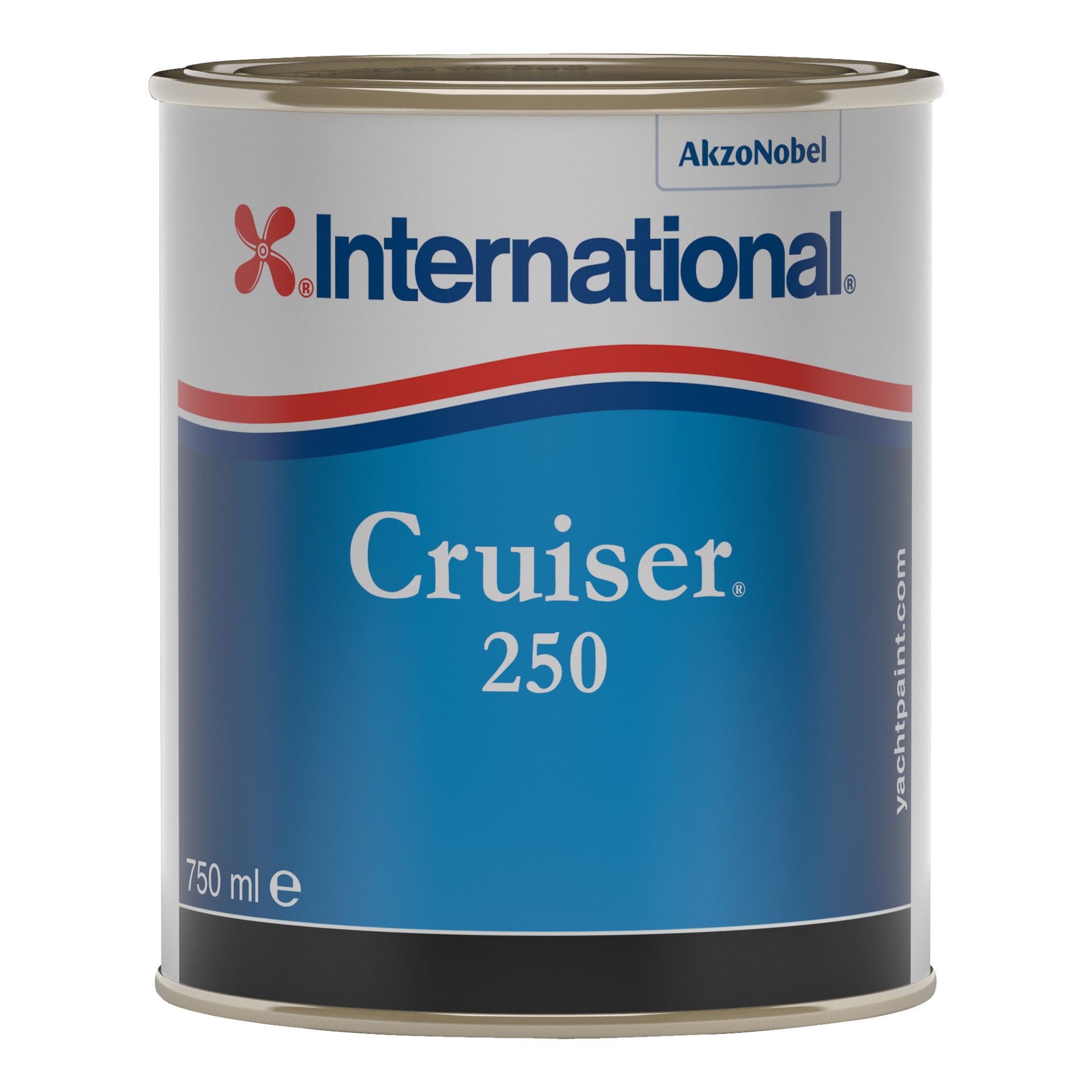 En 750 ml boks med antifouling-lakk Cruiser 250 fra International, med en fremtredende blå etikett aksentert i rødt og hvitt, som tydelig viste produktnavnet på forsiden.