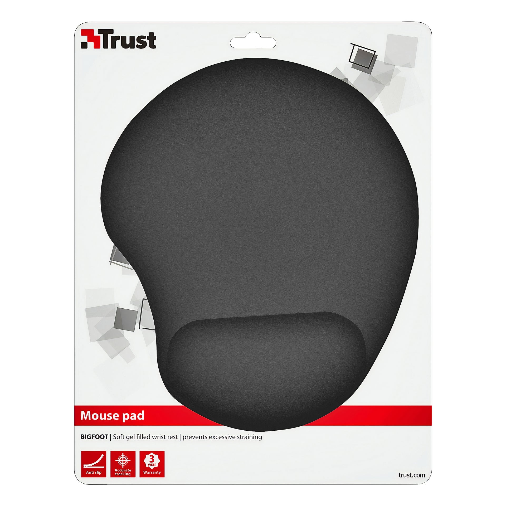 En svart Trust-musmatta med ett ergonomiskt handledsstöd fyllt med gel och halkskyddsbas visas i dess märkesförpackning som visar en 3-årig garanti.