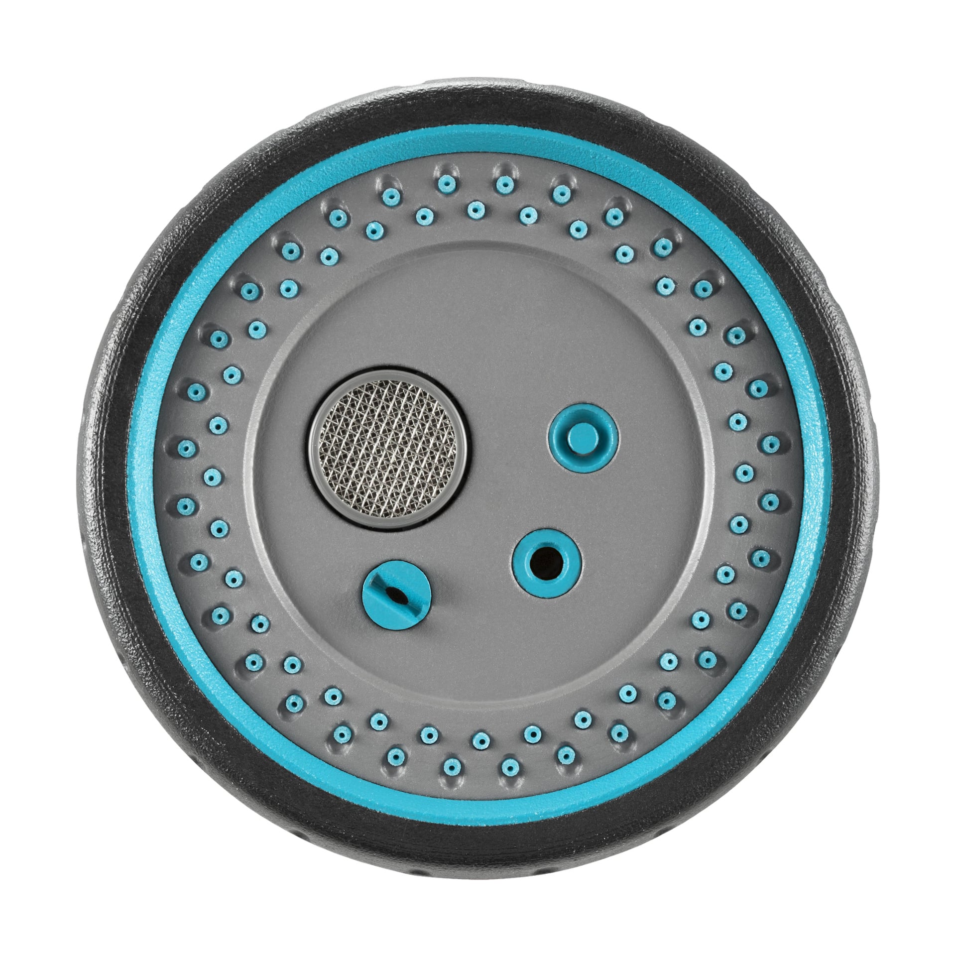 Gardena Multi-sprinkler Comfort visas i närbild, där dess runda grå framsida framhävers med blå detaljer. Den har flera små munstycken arrangerade runt tre större öppningar och ett centralt metallnätfilter.
