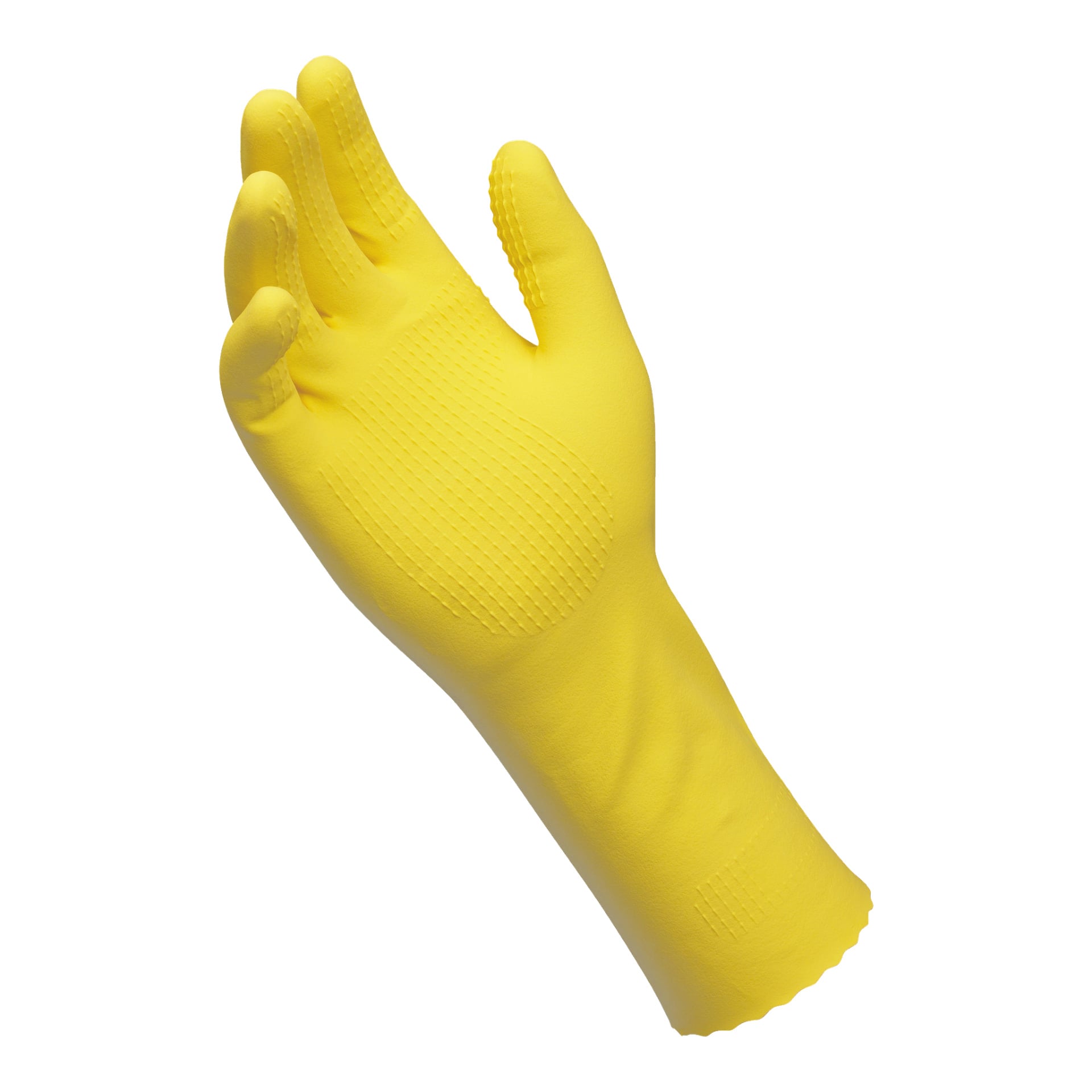 En enda gul Vileda Super Grip hushållshandske har texturerade handflator och fingrar för bättre grepp, tillsammans med en förlängd manschett som går upp längs underarmen. Handsken är mjukt böjd för att likna en avslappnad handform.