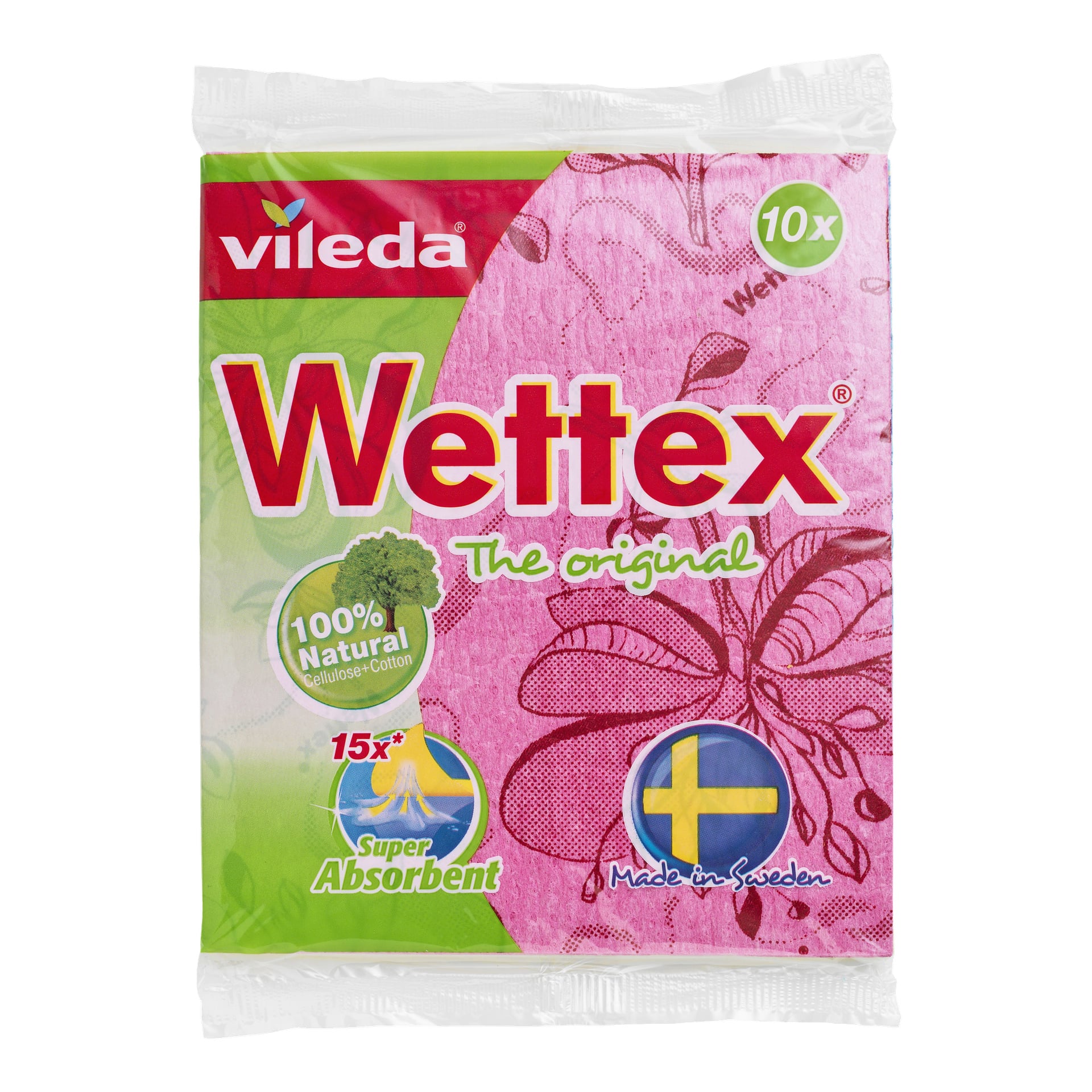 Ett 10-pack rosa Wettex-disktrasor med blommönster och svensk flagga, tillverkade av 100 % naturlig cellulosa och bomull för hög absorption, med "10x" uppe i högra hörnet.
