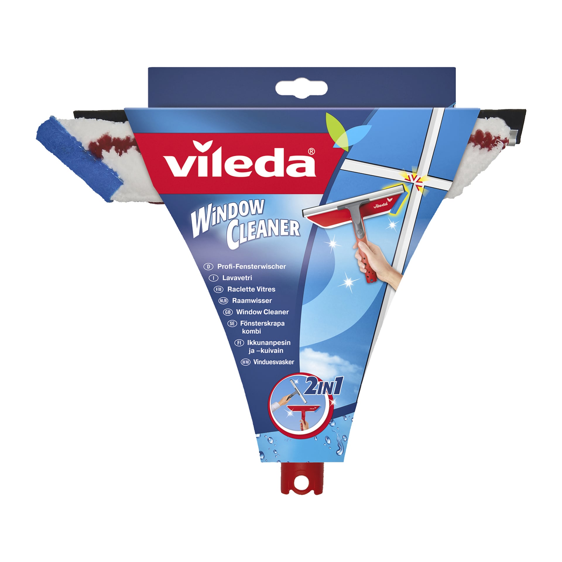 Vileda Window Cleaner 2-i-1 är fäst på en triangulär kartongbaksida med produktinformation. Det rödvita rengöringsverktyget är placerat framför blå bakgrunder med illustrerade detaljer på förpackningen.