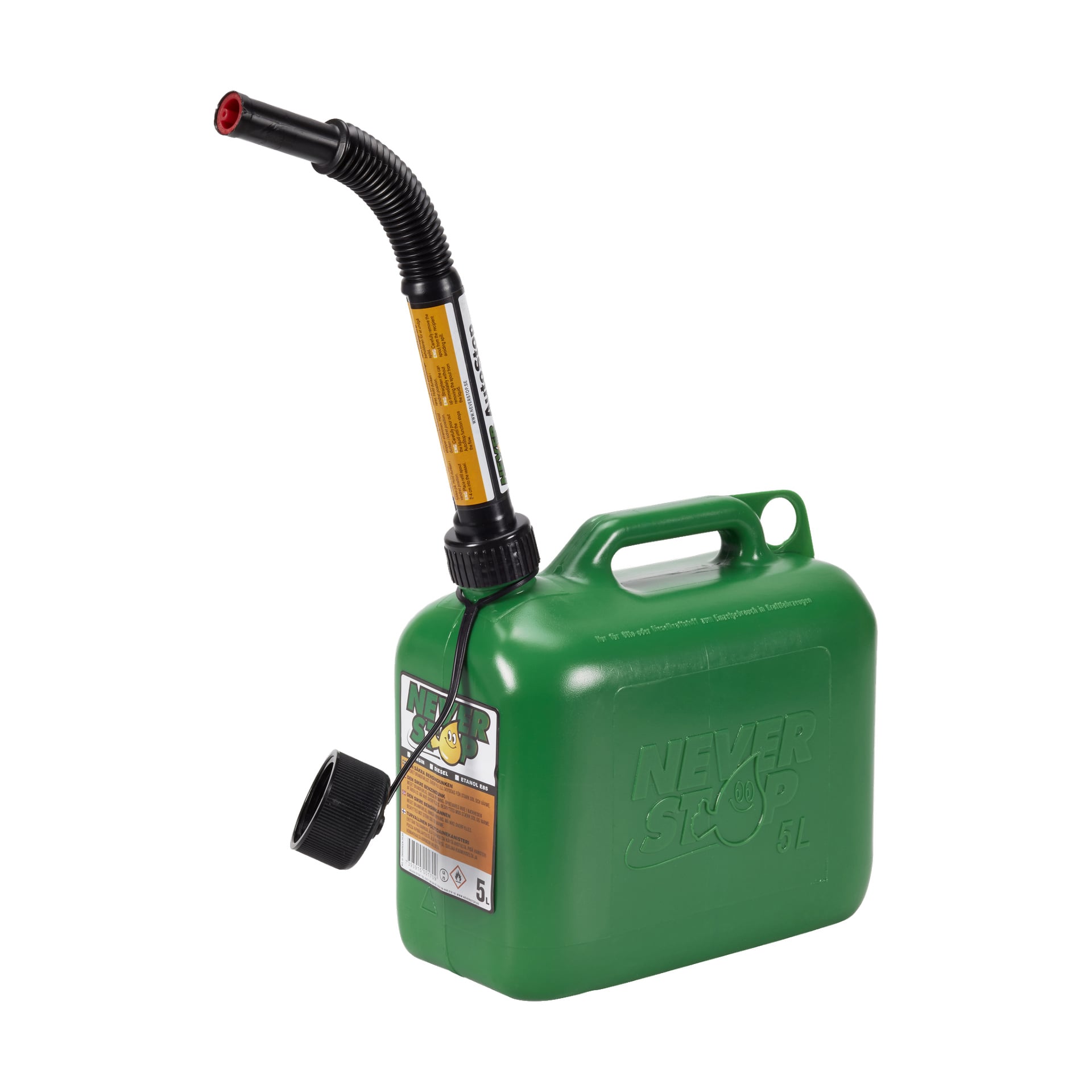 En grön 5-liters plastdunk från Never Stop, med en svart flexibel pip och en svart lock fastsatt med en rem. Dosan visar NEVER STOP-märkningen och har en användningsinstruktionsetikett på sidan.