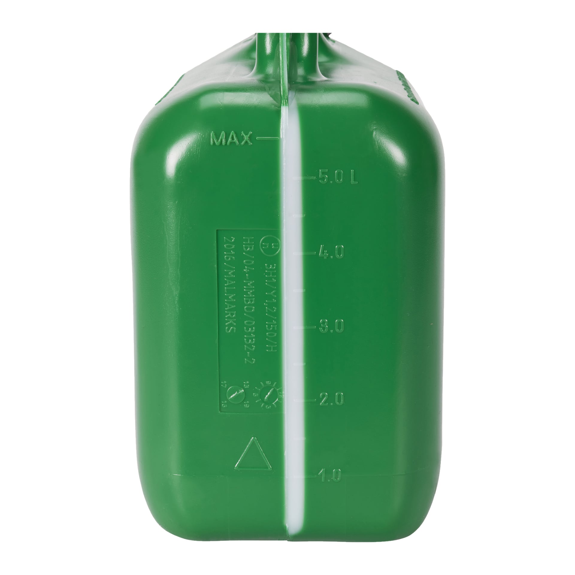 Närbild av en grön Never Stop Fuel-dunk med en vit vertikal rand, präglade mätpunkter upp till 5,0 liter och "MAX" angivet nära toppen, tillsammans med olika symboler och text på ytan.