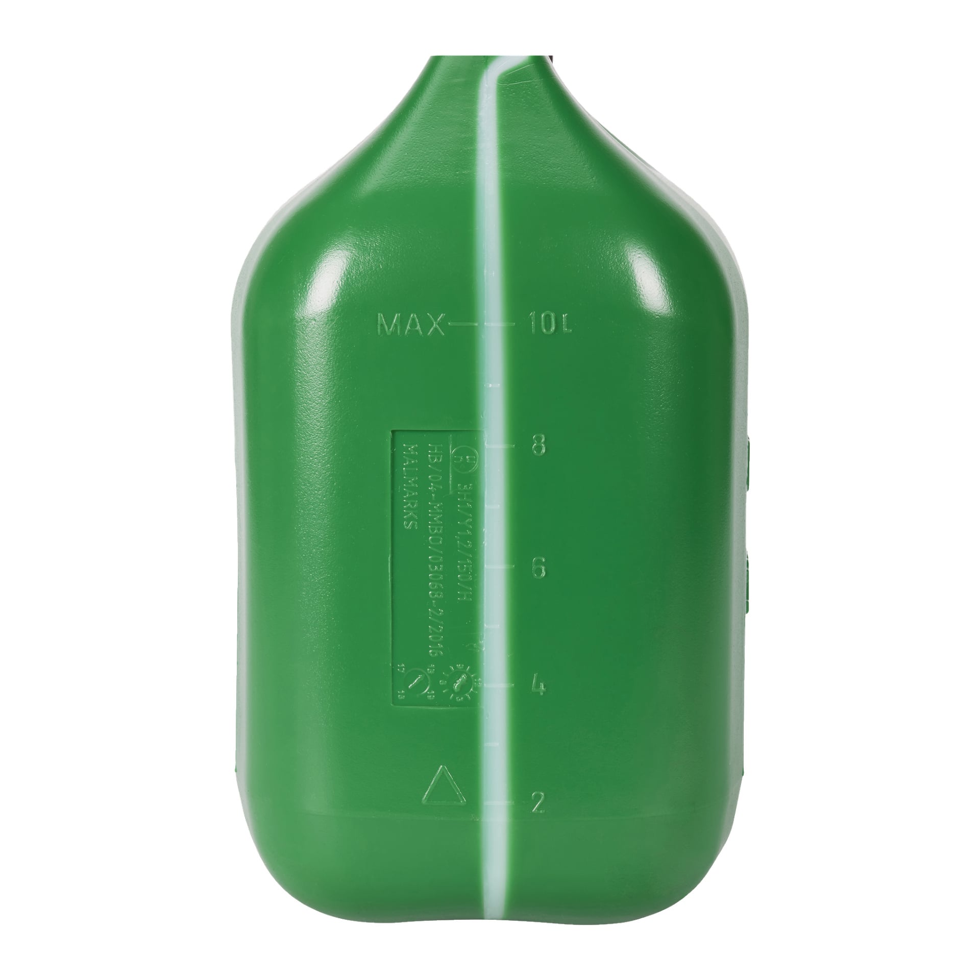 En grön plastdunk Never Stop med en slank yta, markerad med mätlinjer från 2 till 10 liter och tydligt märkt "MAX" och "10L" nära toppen. Endast huvuddelen av behållaren visas på bilden.