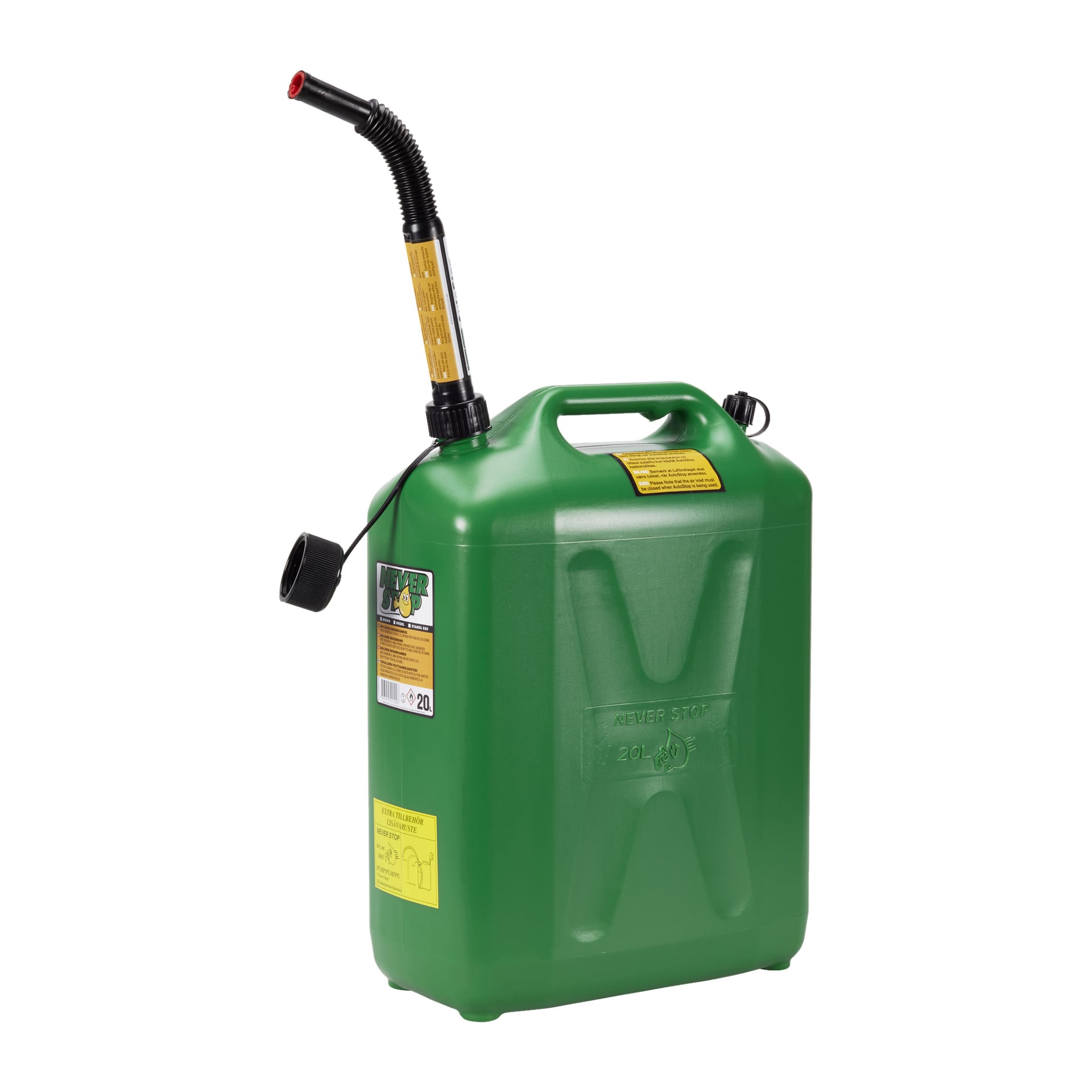 En plastgrön Never Stop Fuel Can med en kapacitet på 20 liter, utrustad med en flexibel svart pip på toppen. Gula varningsetiketter syns på sidorna och handtaget, och pipen är toppad med en svart lock fäst med en kort rem.