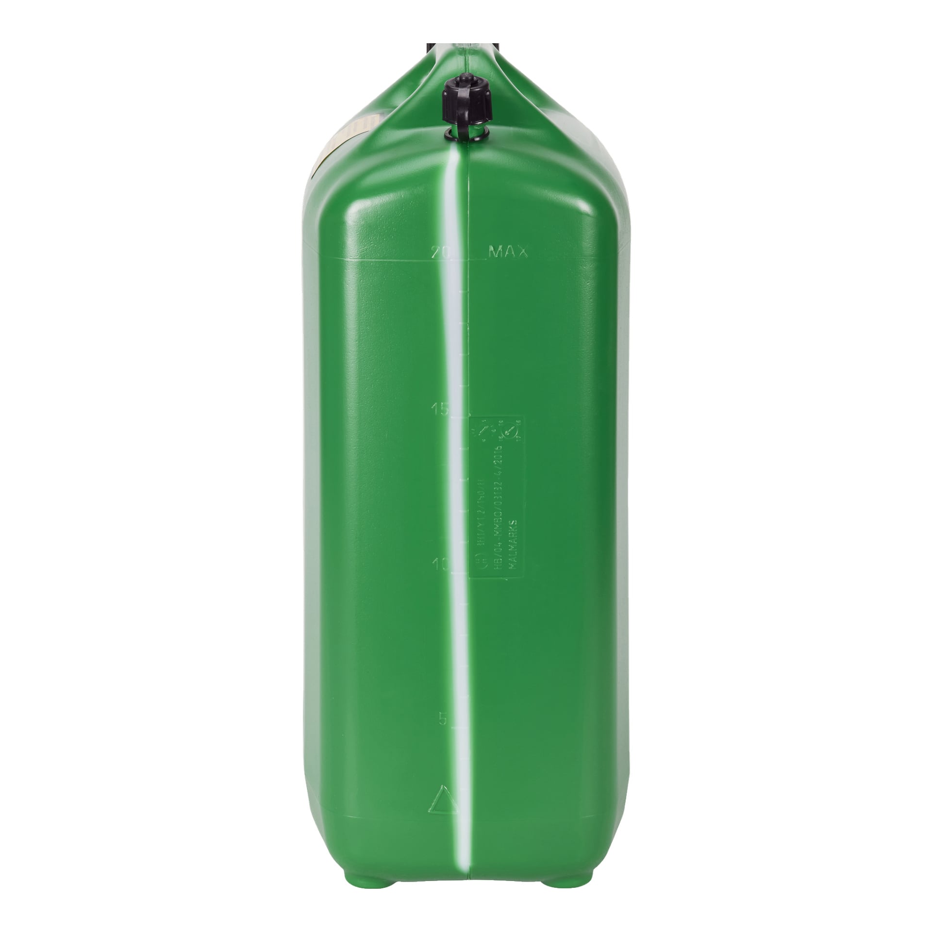 Närbild framifrån av Never Stop Fuel-dunken, en grön plastdunk med svart topplock, mätmarkeringar längs sidan och en framträdande vertikal söm som löper ner i mitten.