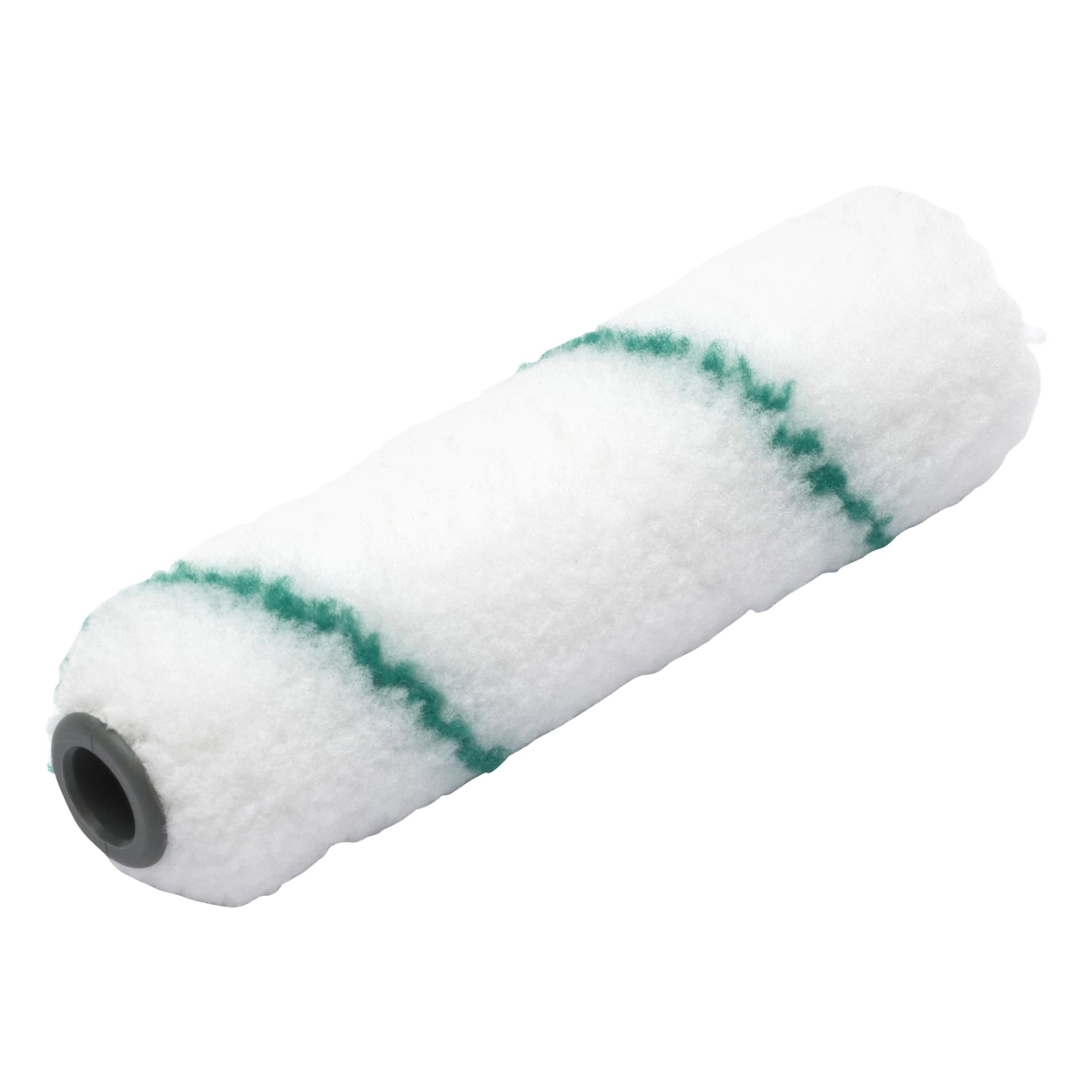 Jordan Mini-roller Perfect er en hvit malingsrullerefill med en grønn diagonal stripe og en svart plastkjerne.