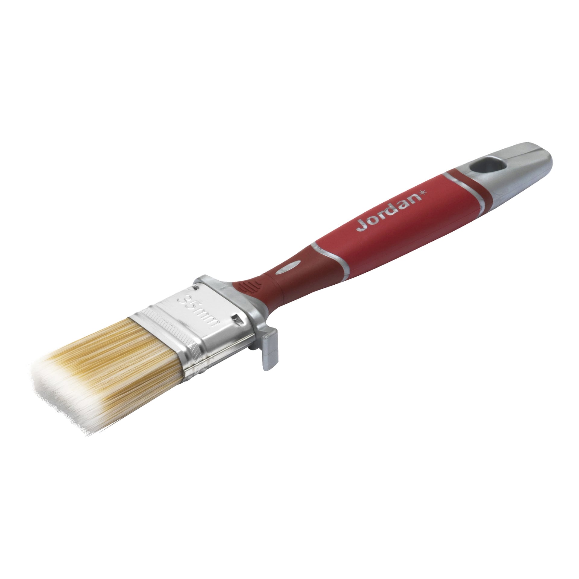 Brush Perfect Flat Inne fra Jordan har et rødt og sølvfarget håndtak med hull for opphenging og integrert metallstøtte. Den inkluderer kremfargede børster, en metallring merket med 35 mm, og viser Jordan-logoen.