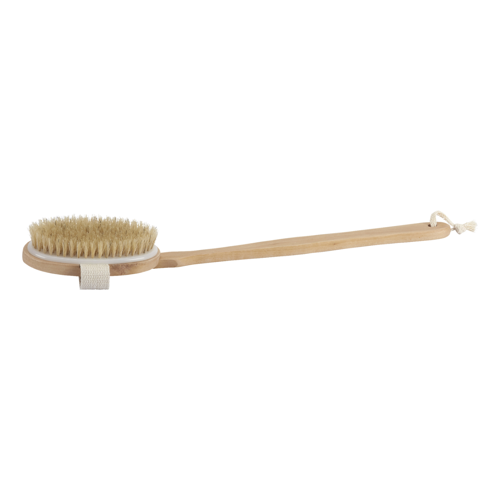 En Menuett Bath Brush med ovalt trähuvud, mjuka lätta borst, ett ryggrem för grepp och ett långt handtag som slutar i en ögla för bekväm upphängning.