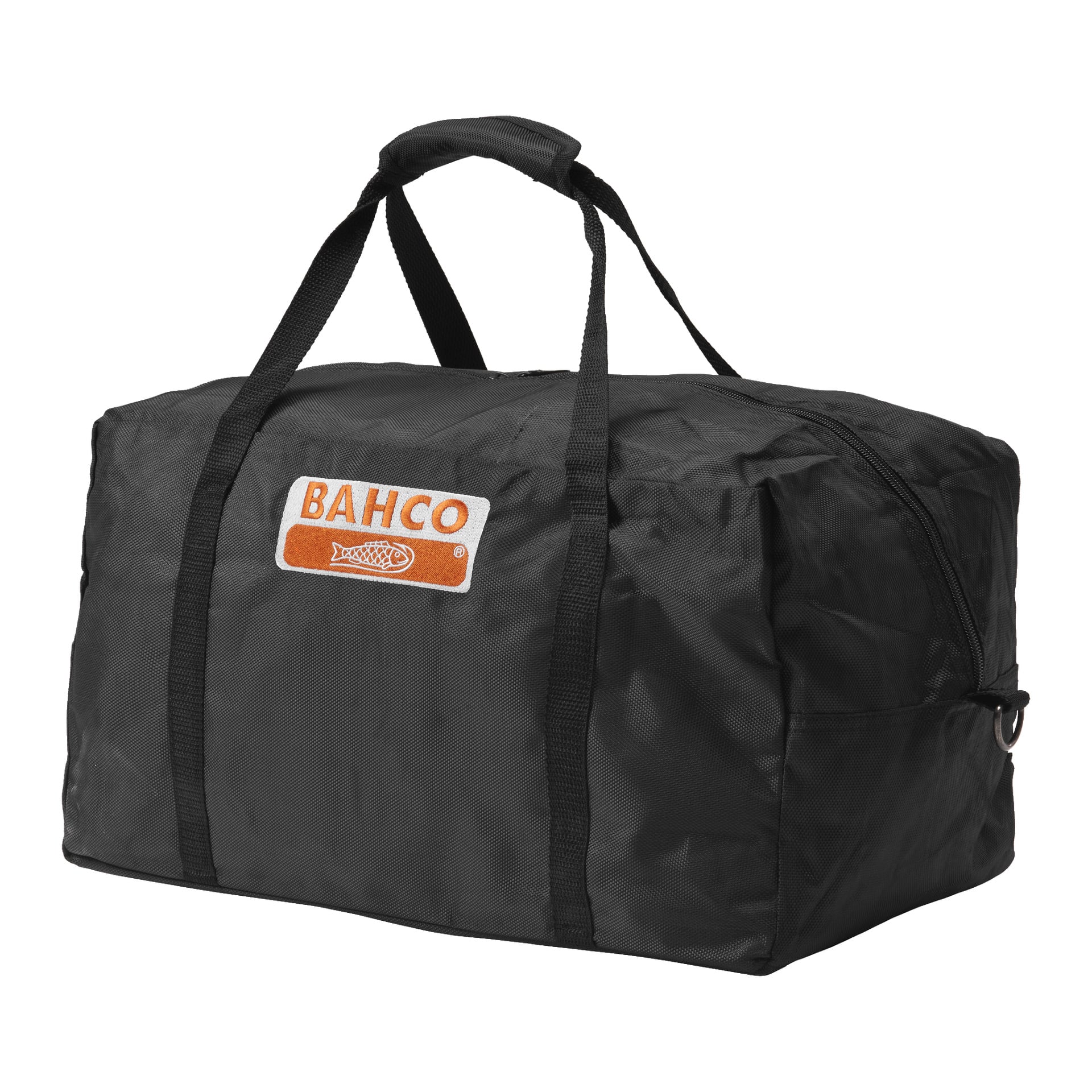 En romslig svart duffelbag med to solide håndtak og en glidelåstopp, som viste et oransje og hvitt Bahco-logo med et fiskeikon på forsiden. Vesken har svarte stropper og er ment for bruk med Bahco Garage Jack BH1A1500.