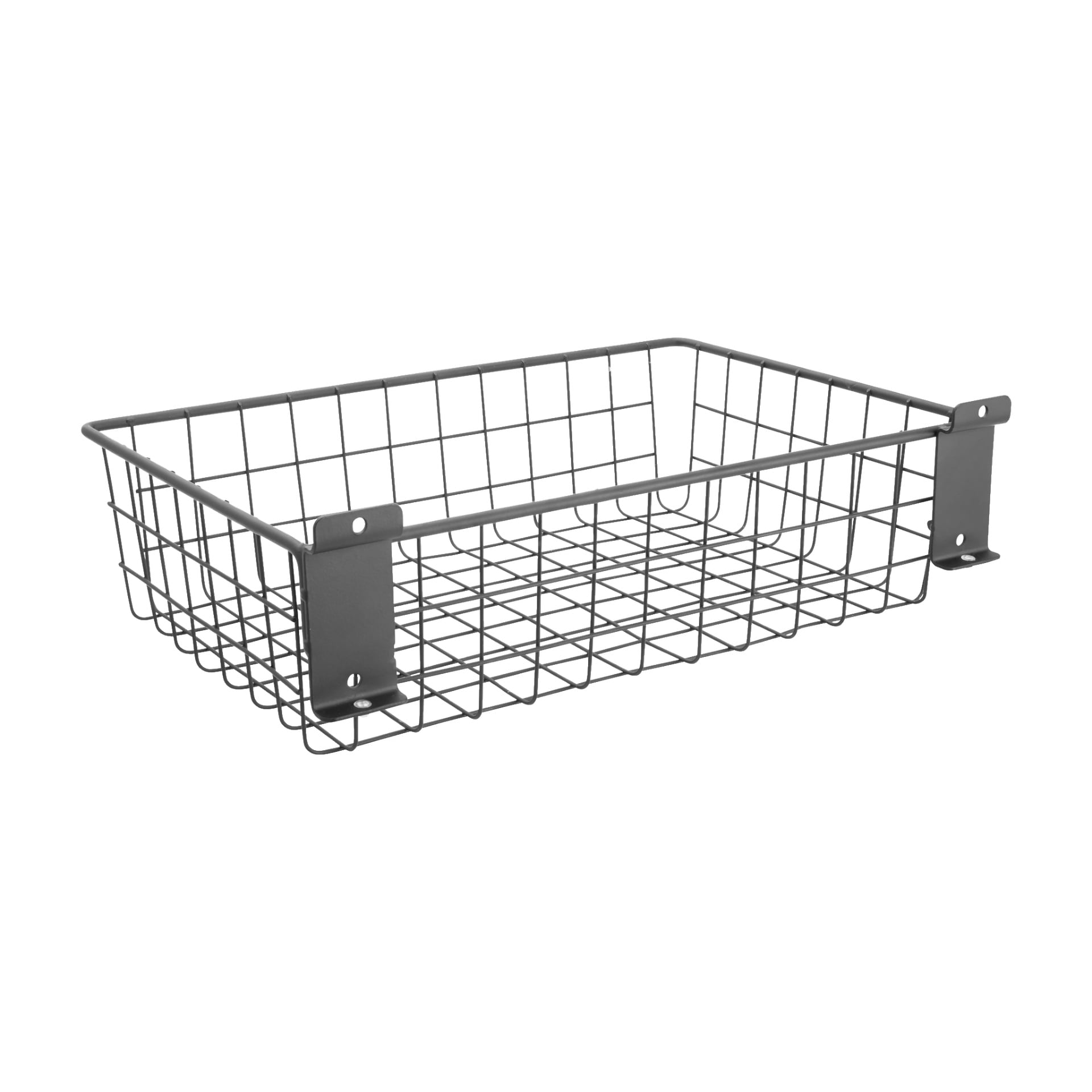 Hard Head Wire-korgen är en rektangulär metallförvaringsenhet med monteringsfästen på ena sidan, utformad för smidig montering på väggar eller hyllor. Korgen verkar tom.