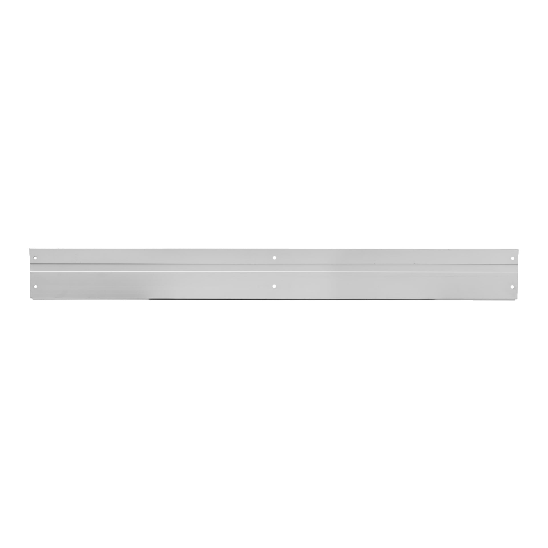 En lång, platt, rektangulär Hard Head Wall rail designad för verktygskrokar, med en subtil central ås och sex jämnt fördelade hål längs dess längd, tre på vardera sidan.
