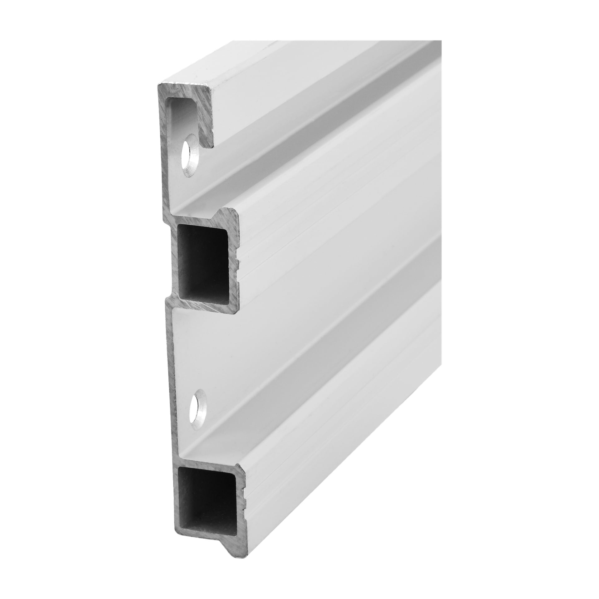 Närbild på en Hard Head Wall rail för verktygskrokar, tillverkad av silveraluminiumextrudering, med två rektangulära ihåliga sektioner och tre förborrade hål.