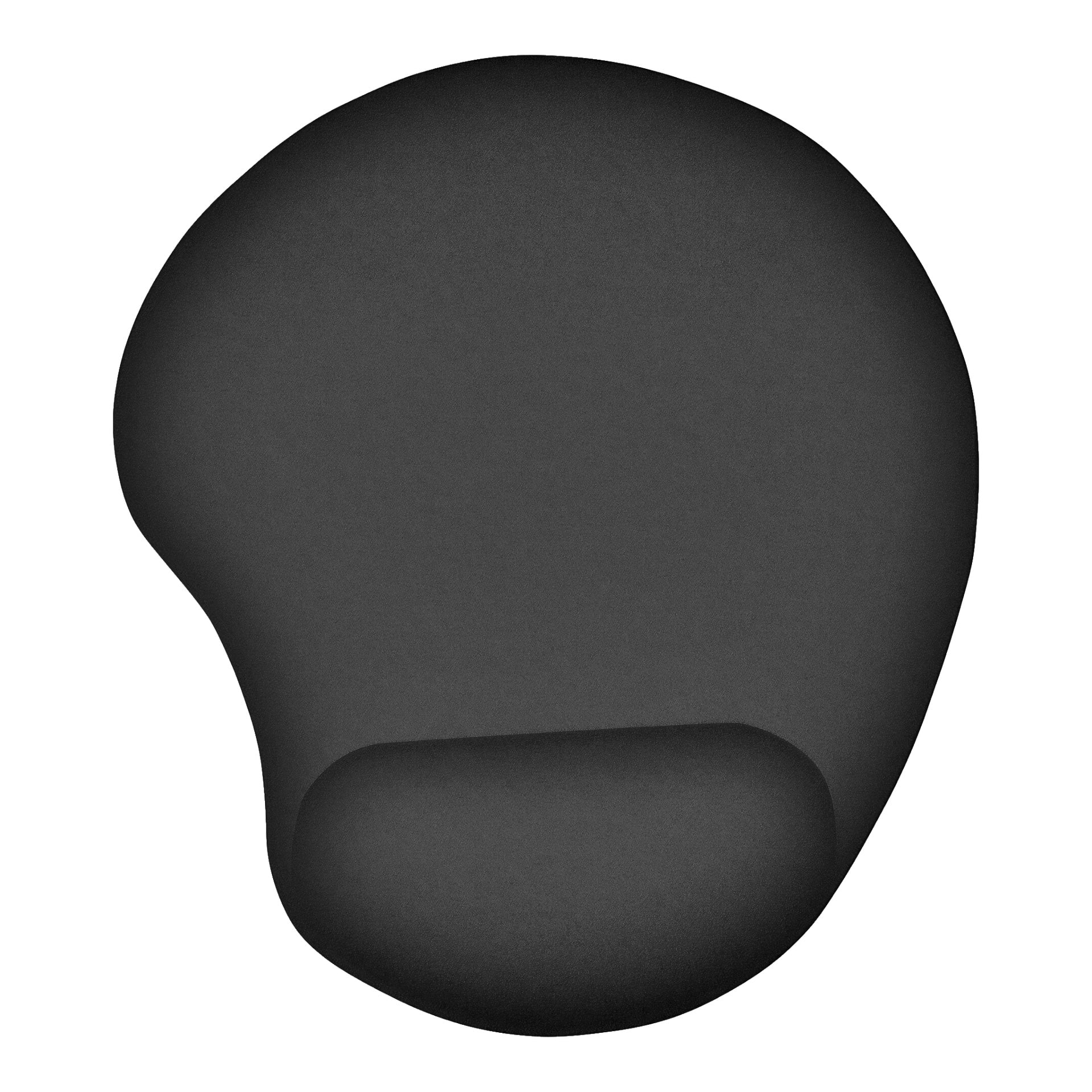 En svart ergonomisk musmatta från Trust med en formad, rundad form och ett integrerat handledsstöd vid basen. Ytan verkar slät och kontinuerlig, vilket erbjuder både komfort och stöd för användare som arbetar vid dator.