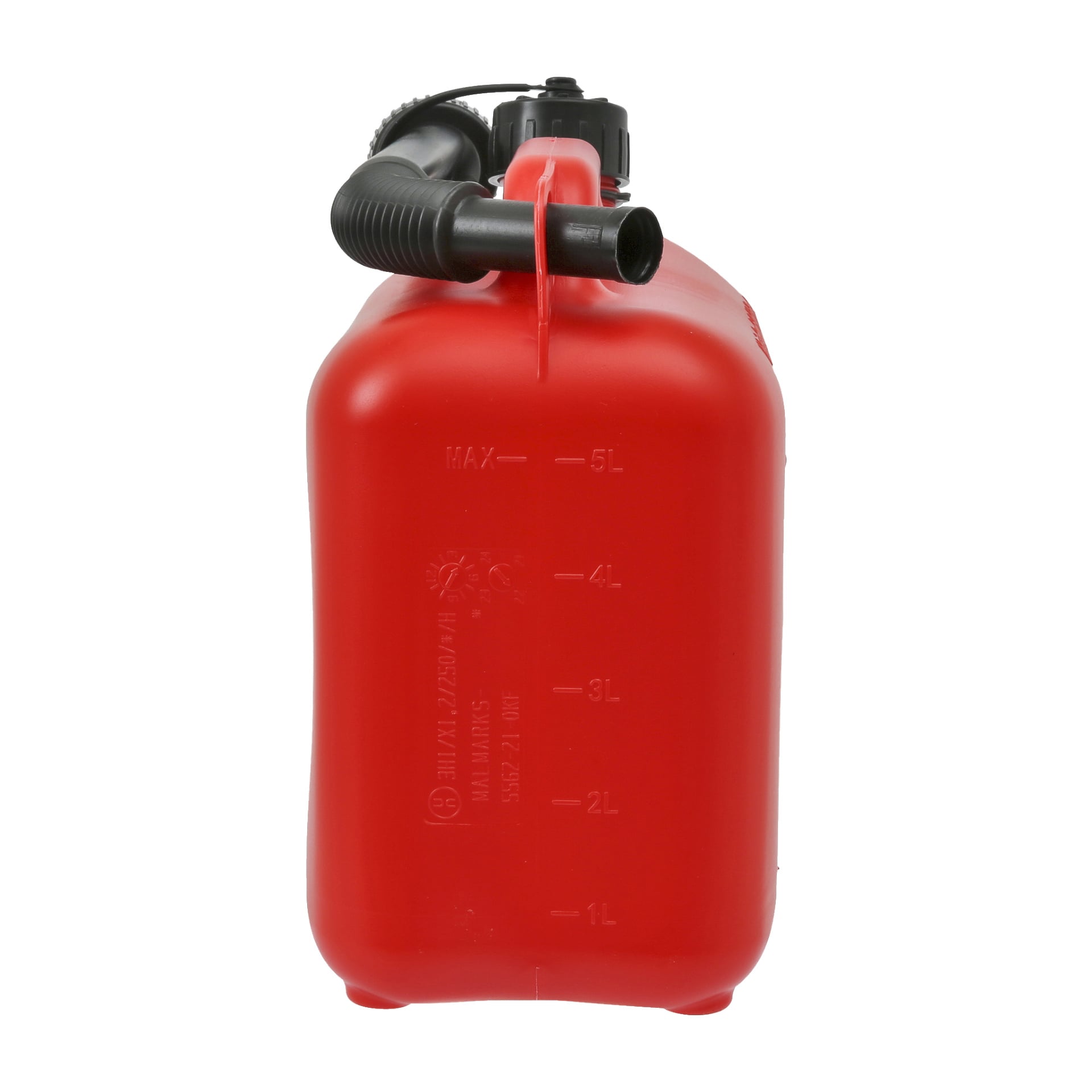 En röd plastdunk från Hamron med svart pipa och lock, med volymindikatorer upp till 5 liter på sidan. Burken står upprätt med pipen pekande framåt.