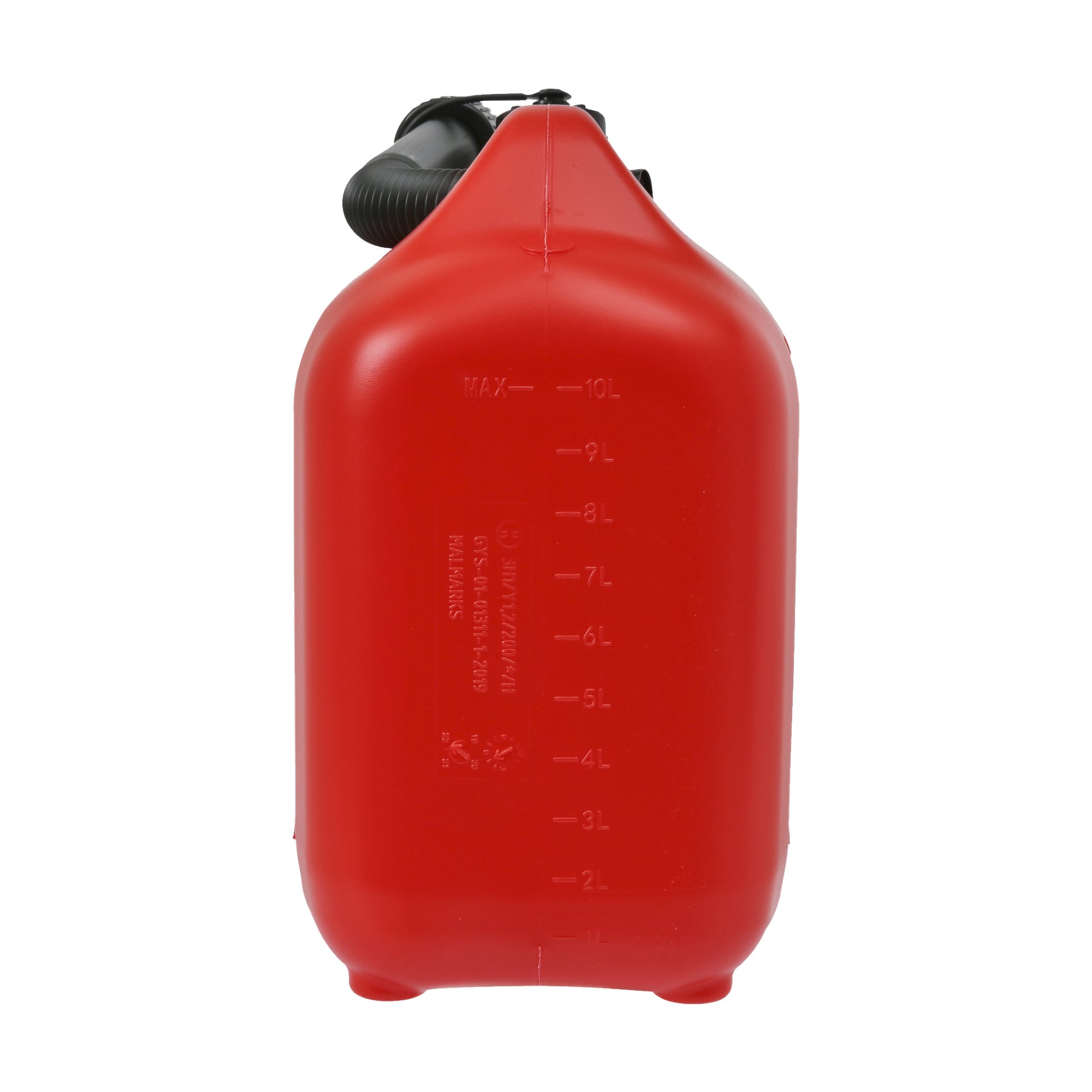 En röd plastflaska från Hamron står upprätt, utrustad med svart pip och integrerat handtag. Den släta ytan visar präglade måttmarkeringar från 1L till 10L.