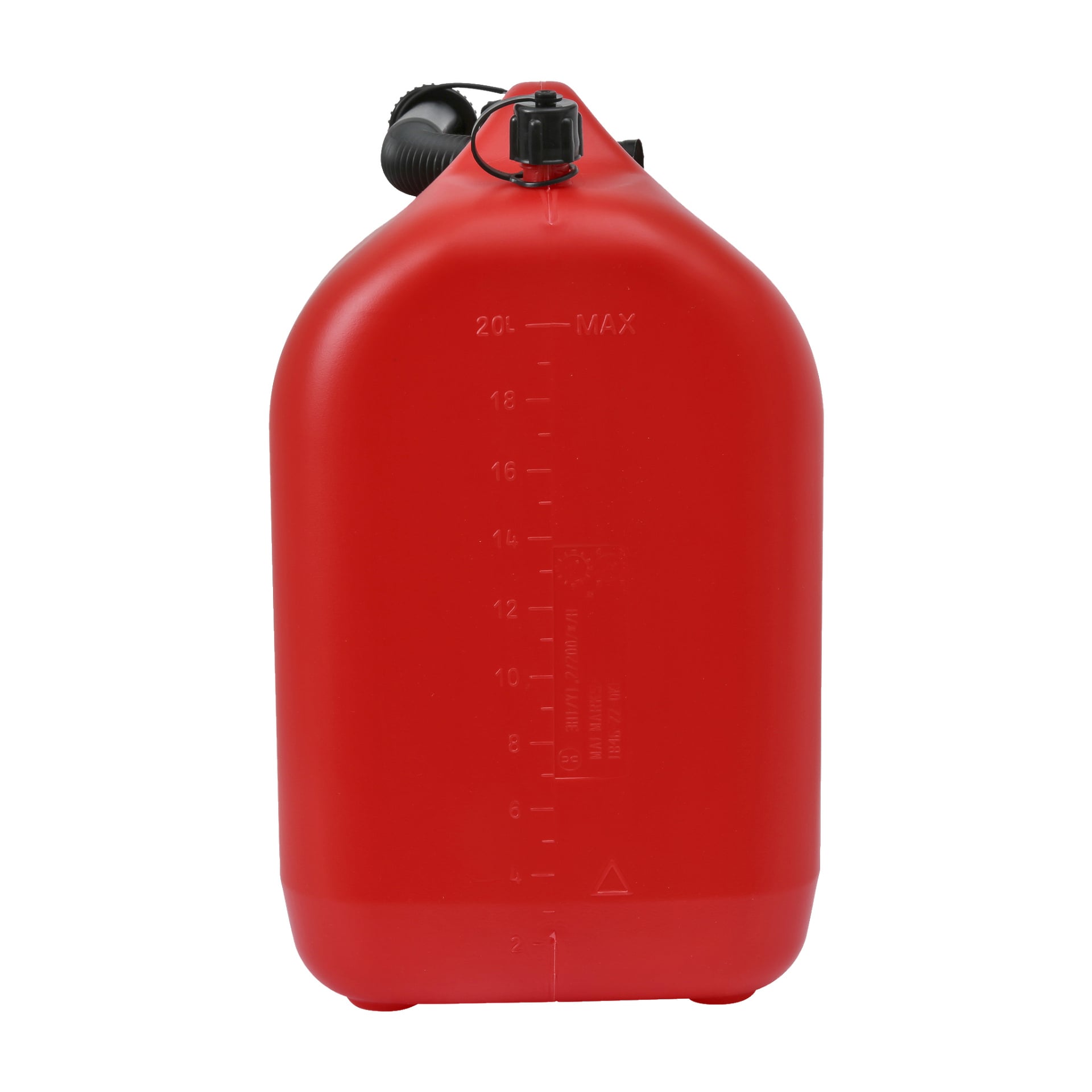 En röd plastdunk från Hamron står upprätt, med svart skruvlock och måttmarkeringar fram upp till 20 liter.