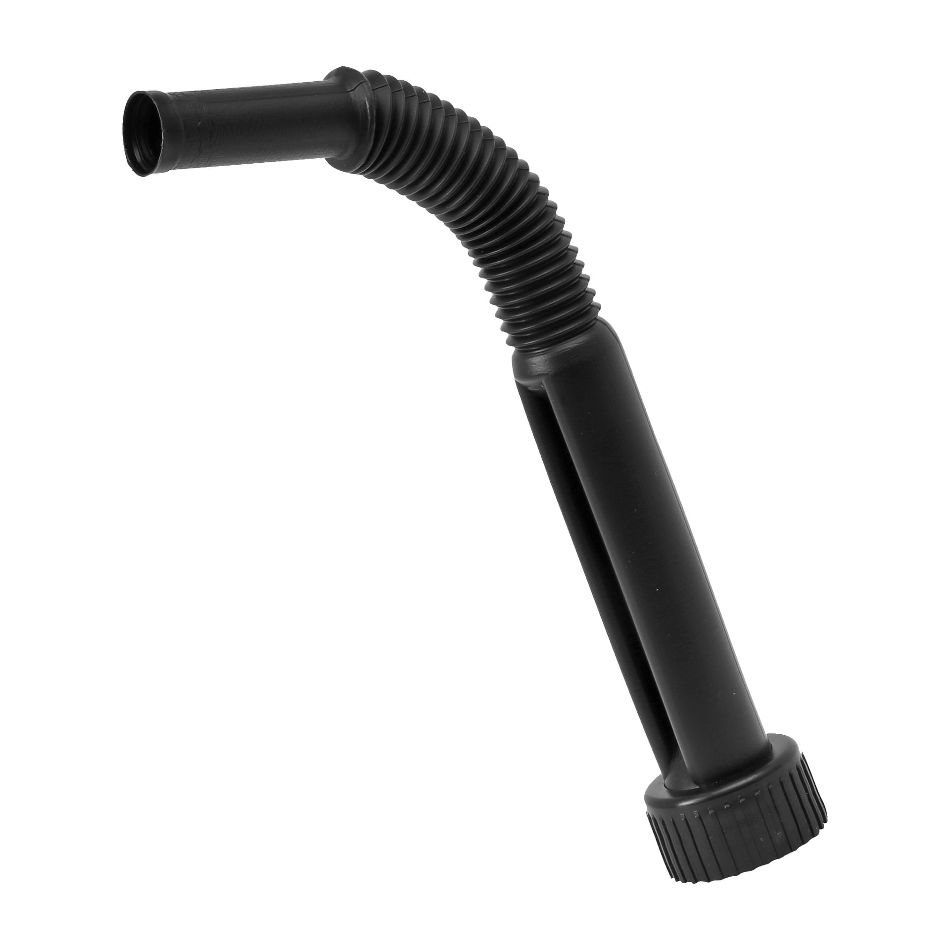 En svart plastpipa med en räfflad, flexibel mittdel och en gängad lock i ena änden, avsedd för att tappa ut vätskor från Hamron Fuel-burkar.
