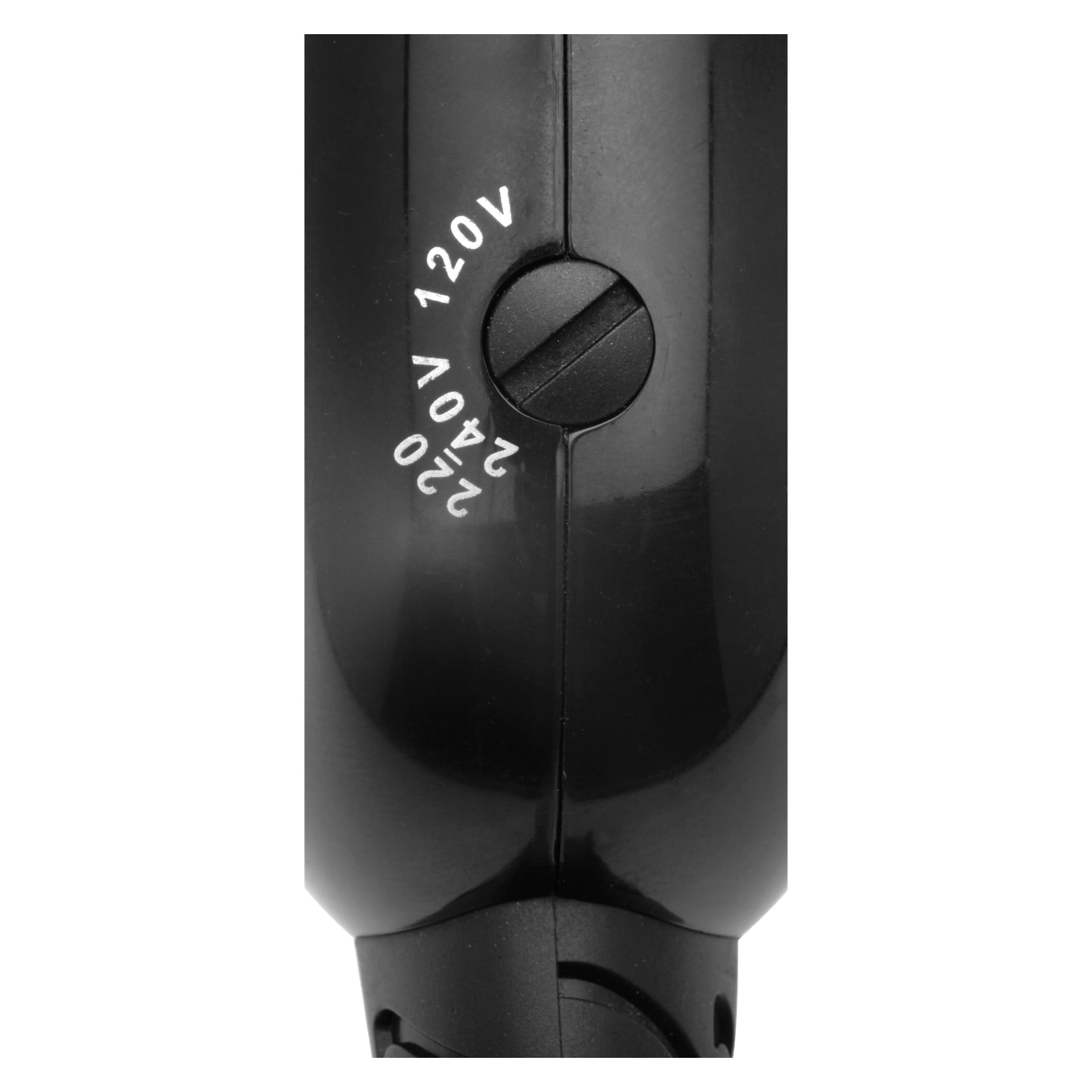 Szczegółowy widok suszarki Marquant Travel Hairdryer, skupiony na śrubie i wypukłych wartościach pokazujących 120V, 240V i 220V. Błyszcząca, zakrzywiona powierzchnia podkreśla zarówno szczegóły śruby, jak i napięcia.