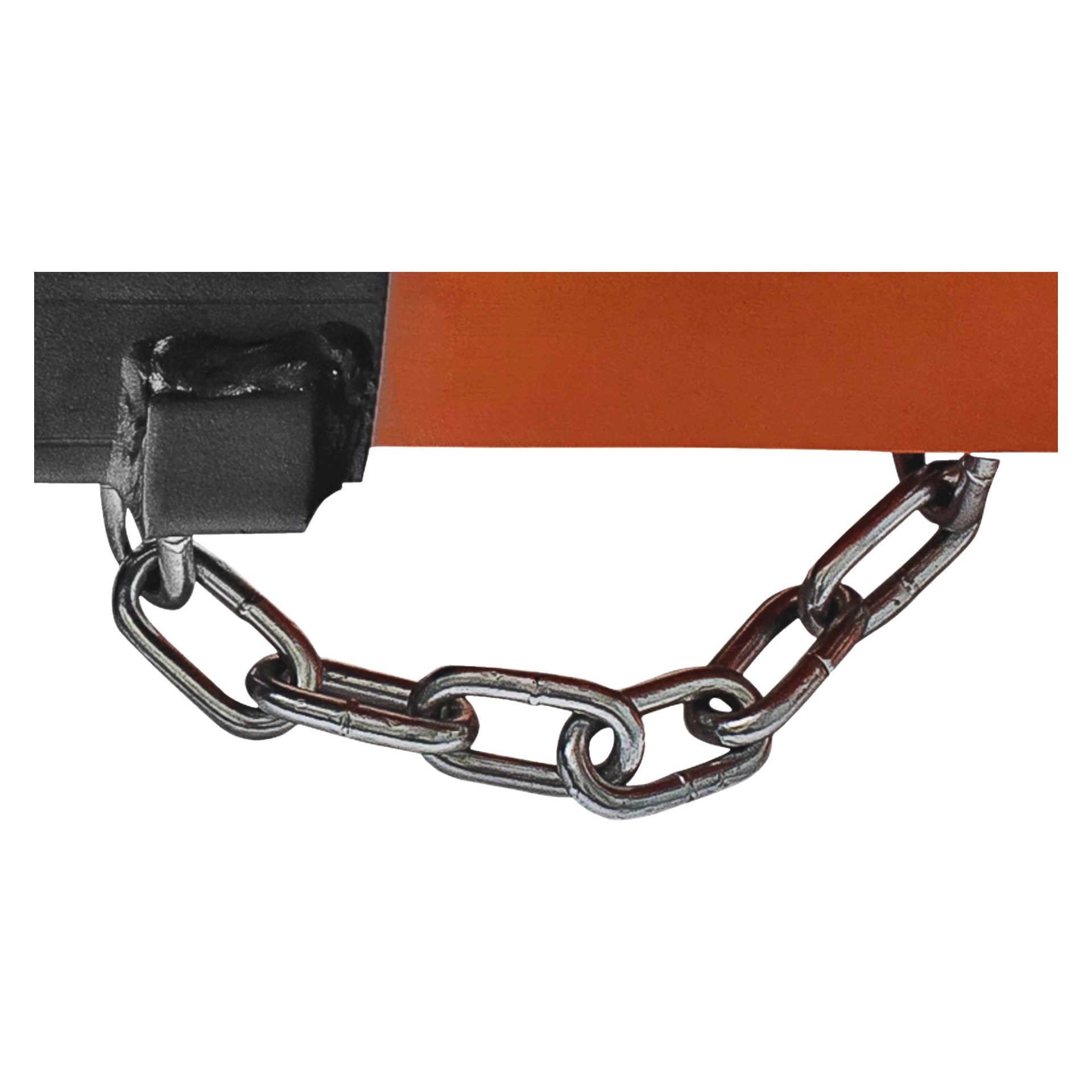 En närbild på en metallkedja som är lindad runt hörnet på en orange och svart Bahco Jack-tvärbalk.