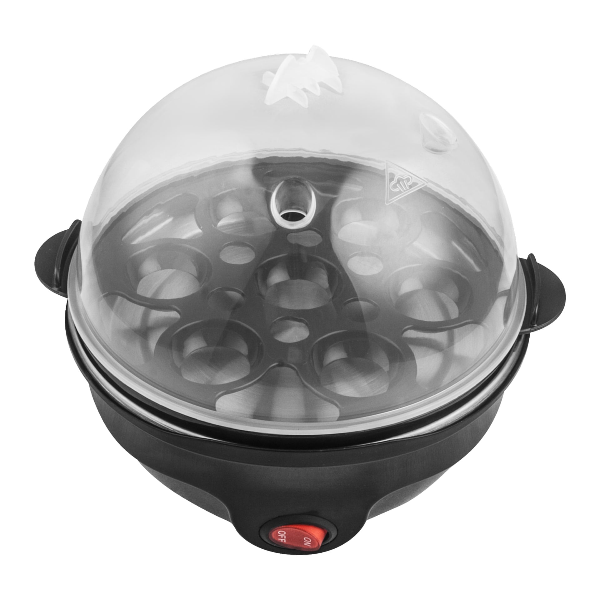 Menuett Egg Cooker z przezroczystą, kopułową pokrywką, wewnętrzną tacą przeznaczoną do przechowywania jajek oraz wyraźnym czerwonym przyciskiem zasilania u podstawy.