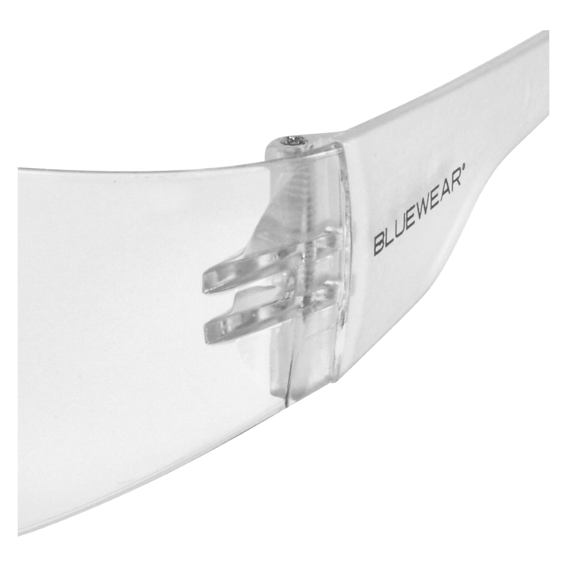 Sidovy närbild av transparenta Cobra-skyddsglasögon. Armen visar Bluewear-logotypen. Enkel gångjärn och klara linser syns.