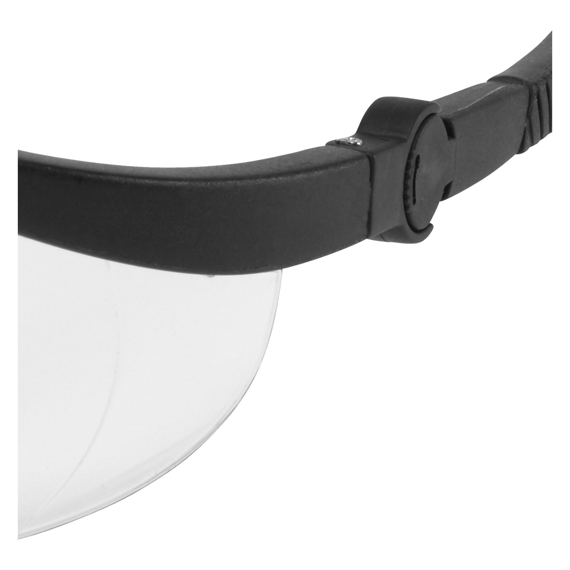 Lähikuva Bluewear Safety Glass Atraxin oikeasta yläkulmasta, jossa on osa kirkasta linssiä ja musta muovikehys säädettävällä saranalla.