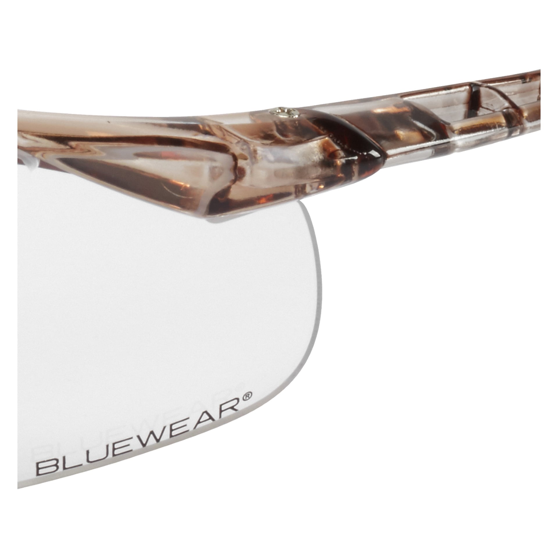 Närbild av Cicurina skyddsglasögon med halvgenomskinlig brun båg och klara glas. Objektivet visar texten Bluewear nära nedre vänstra kanten.