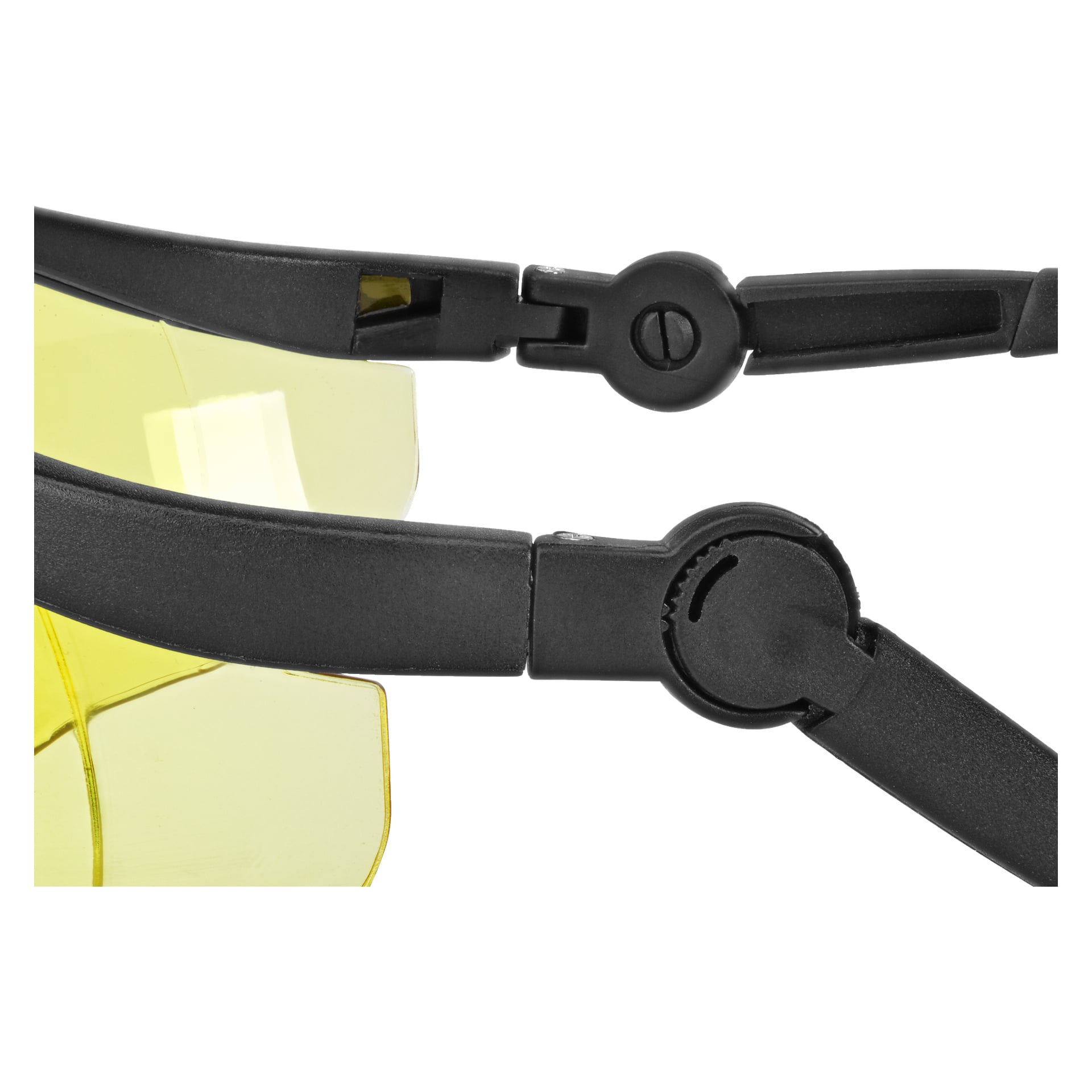 Zbliżenie na zawiasy i mechanizmy stawów okularów ochronnych Atrax by Bluewear, z czarną ramą i żółtymi soczewkami.