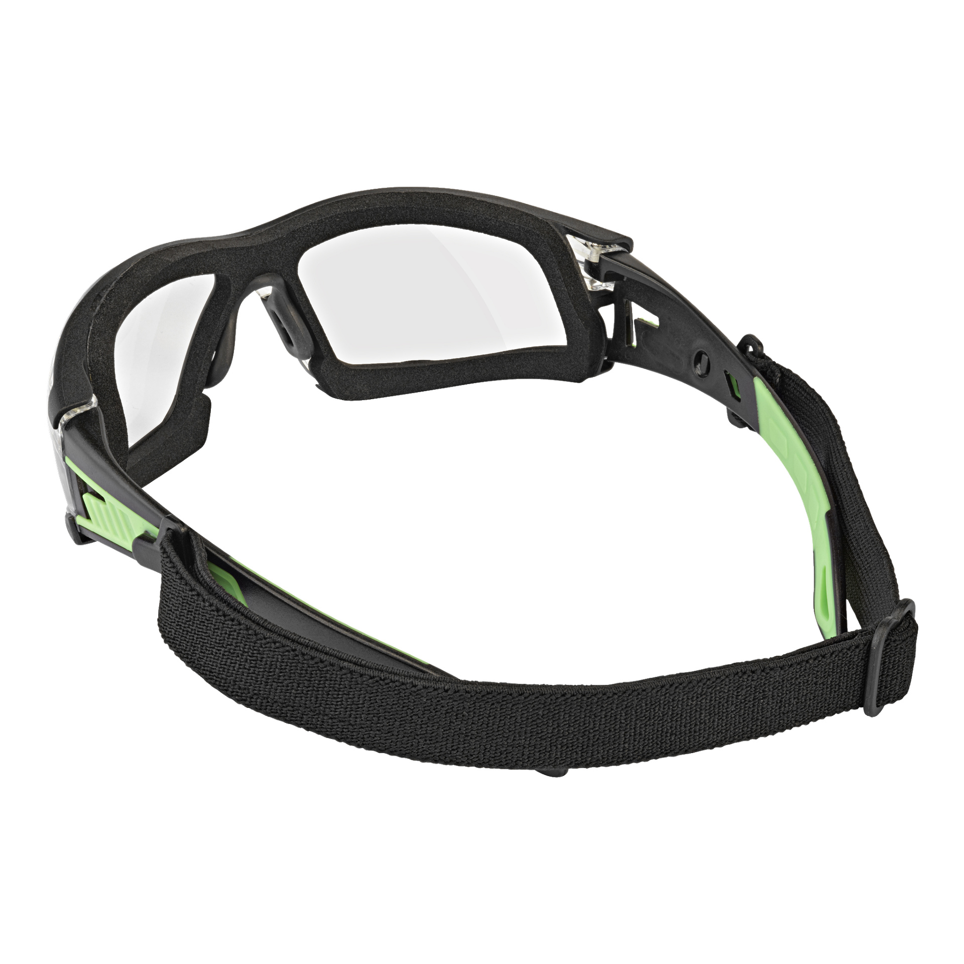 Okulary ochronne Raptor by Bluewear z przezroczystymi szkłami, czarnymi oprawkami z zielonymi akcentami oraz regulowanym czarnym paskiem, pokazane od tyłu.
