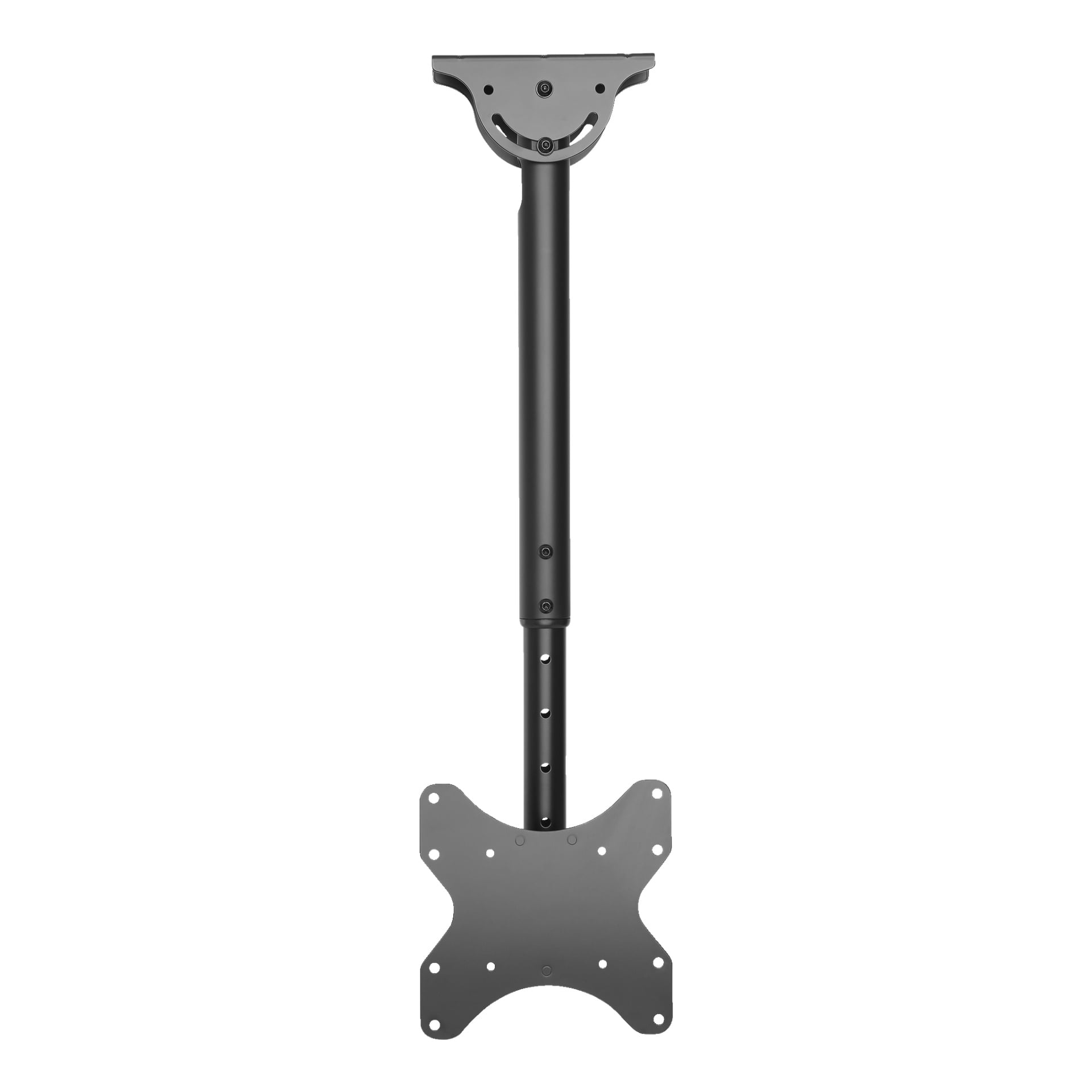 Et svart Marquant takfeste designet for flatskjerm-TV-er eller skjermer, med en justerbar stang som kobler en avrundet takbase til en VESA-kompatibel plate nederst for fleksibel plassering.
